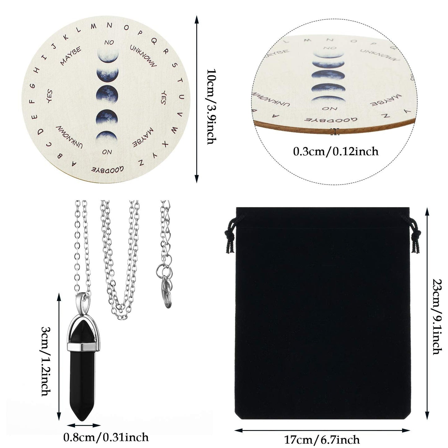 Hicarer Moon Phase Pendulum Board with Black Obsidian Necklace – Wood Dowsing Board for Divination, 4 Inch