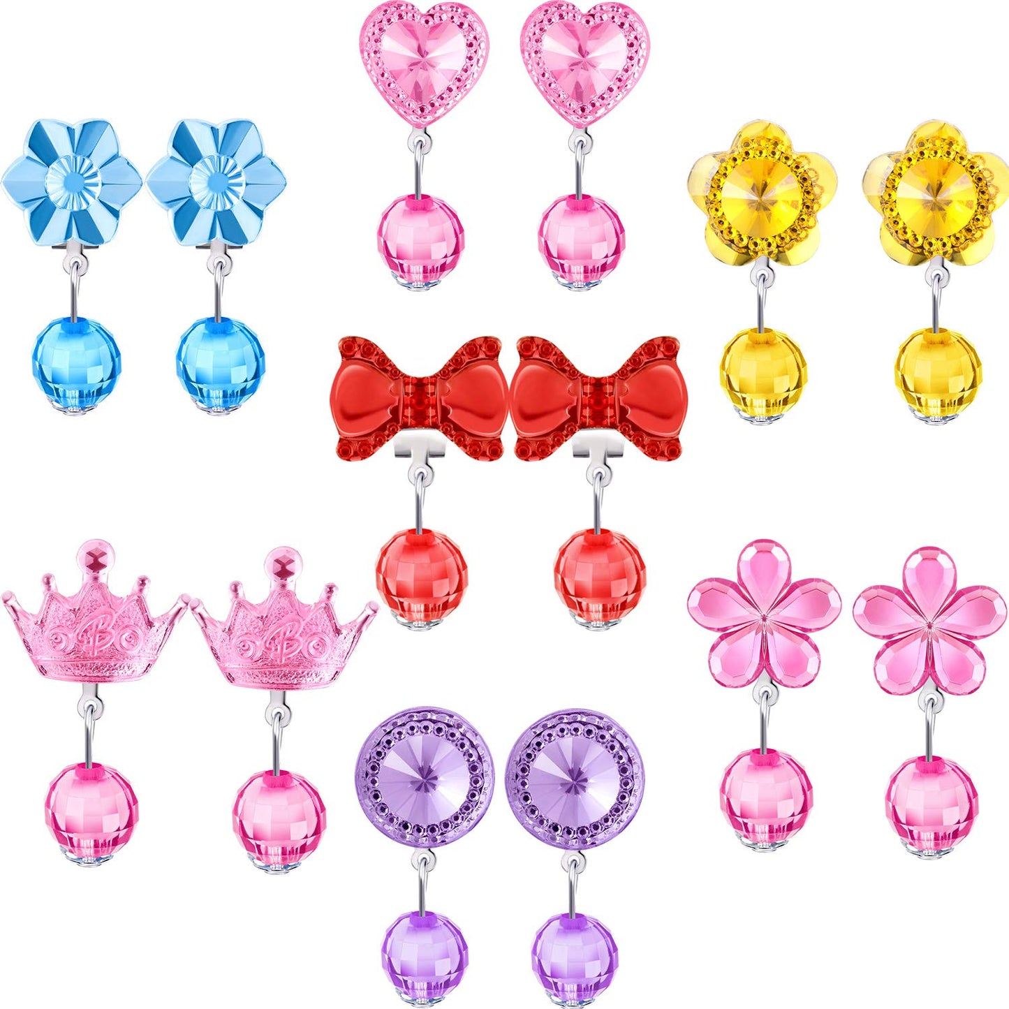Hicarer 7 Pairs Clip-On Earrings for Girls – Crystal Princess Set in Pink Box