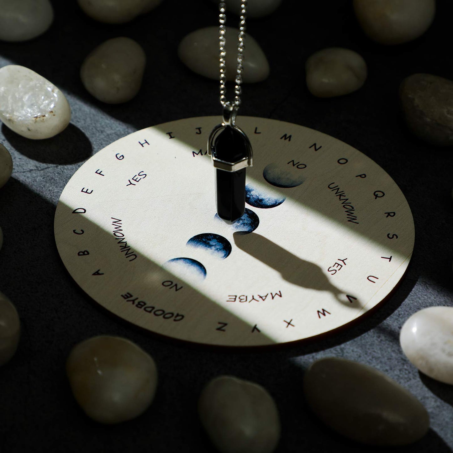 Hicarer Moon Phase Pendulum Board with Black Obsidian Necklace – Wood Dowsing Board for Divination, 4 Inch