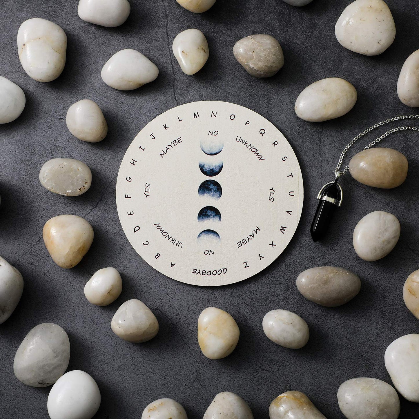 Hicarer Moon Phase Pendulum Board with Black Obsidian Necklace – Wood Dowsing Board for Divination, 4 Inch