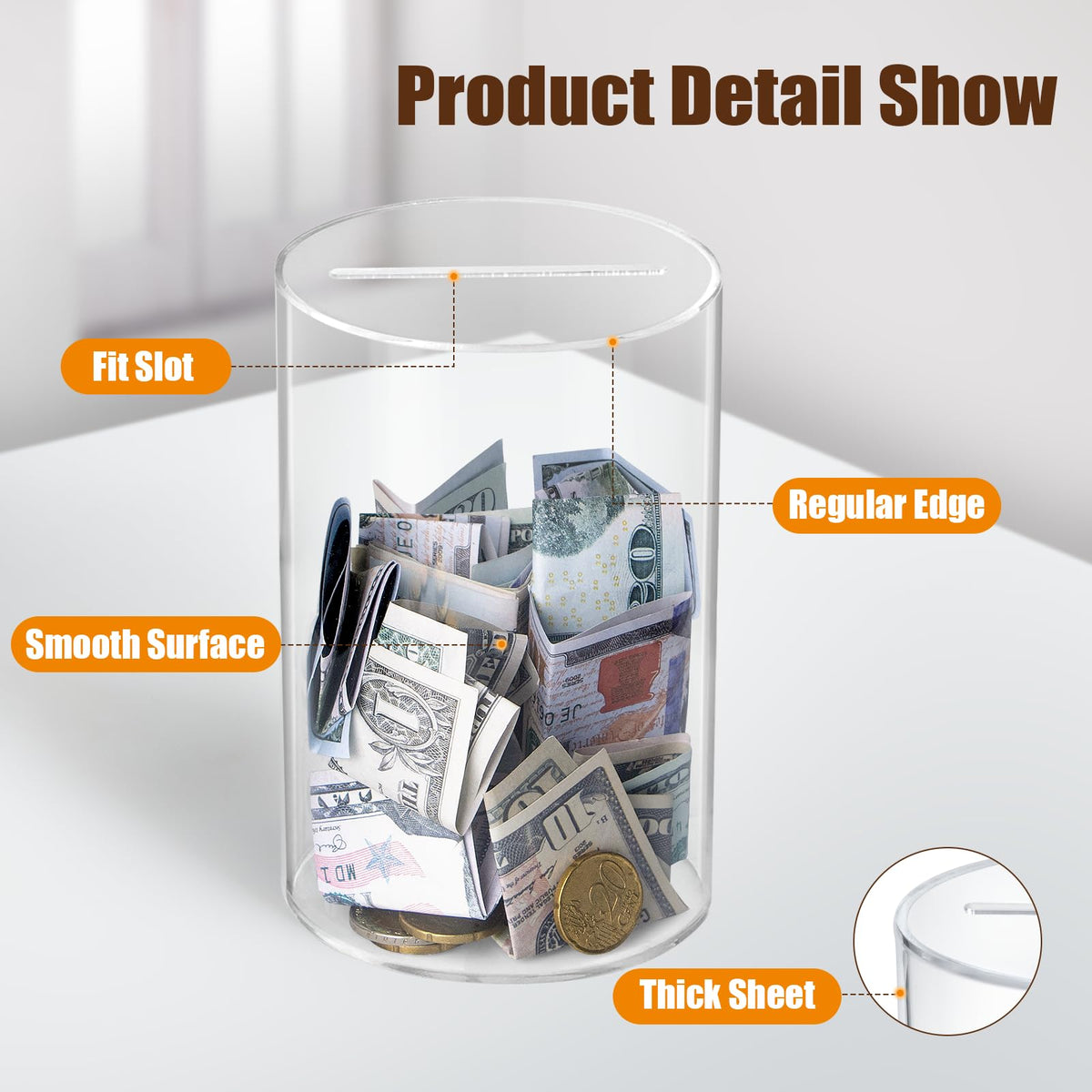 hicocool Clear Piggy Bank - Break-to-Open Acrylic Money Jar for Adults (6-inch H x 3.54-inch D)
