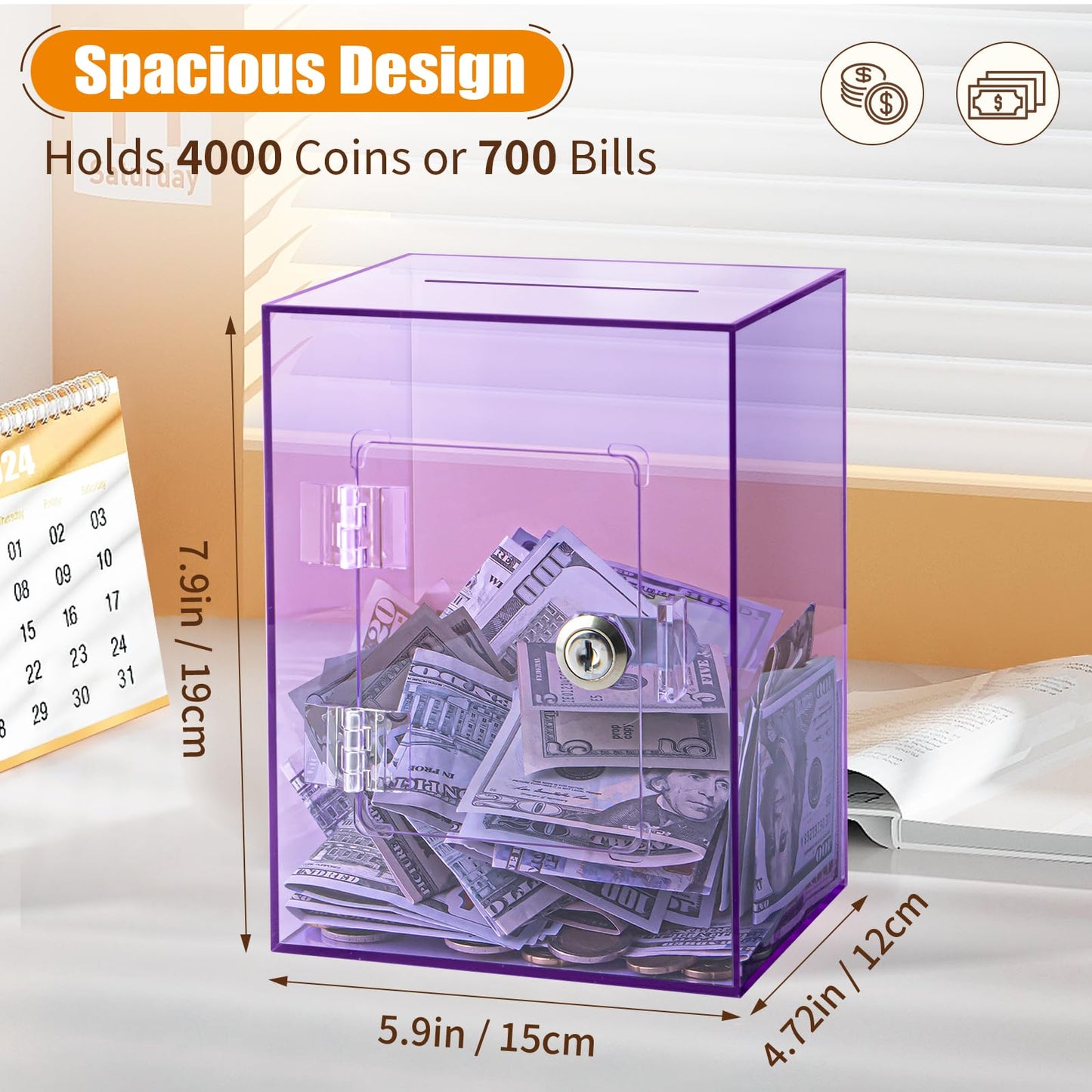 Hicocool Clear Piggy Bank with Lock – Acrylic Savings Box for Adults & Kids (Purple)
