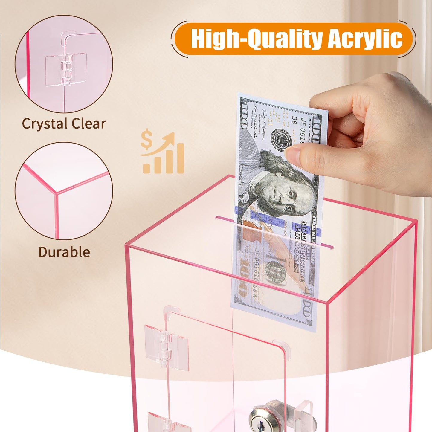 Hicocool Clear Piggy Bank with Lock – Acrylic Money Saving Box for Adults & Kids (Pink)
