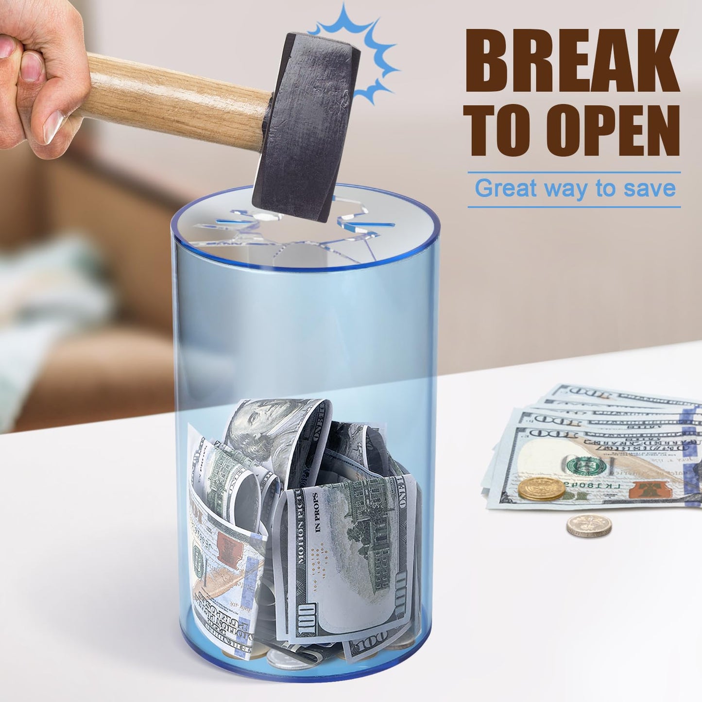 Hicocool Clear Piggy Bank – Break-to-Open Blue Acrylic Savings Jar (8"H x 5"D)