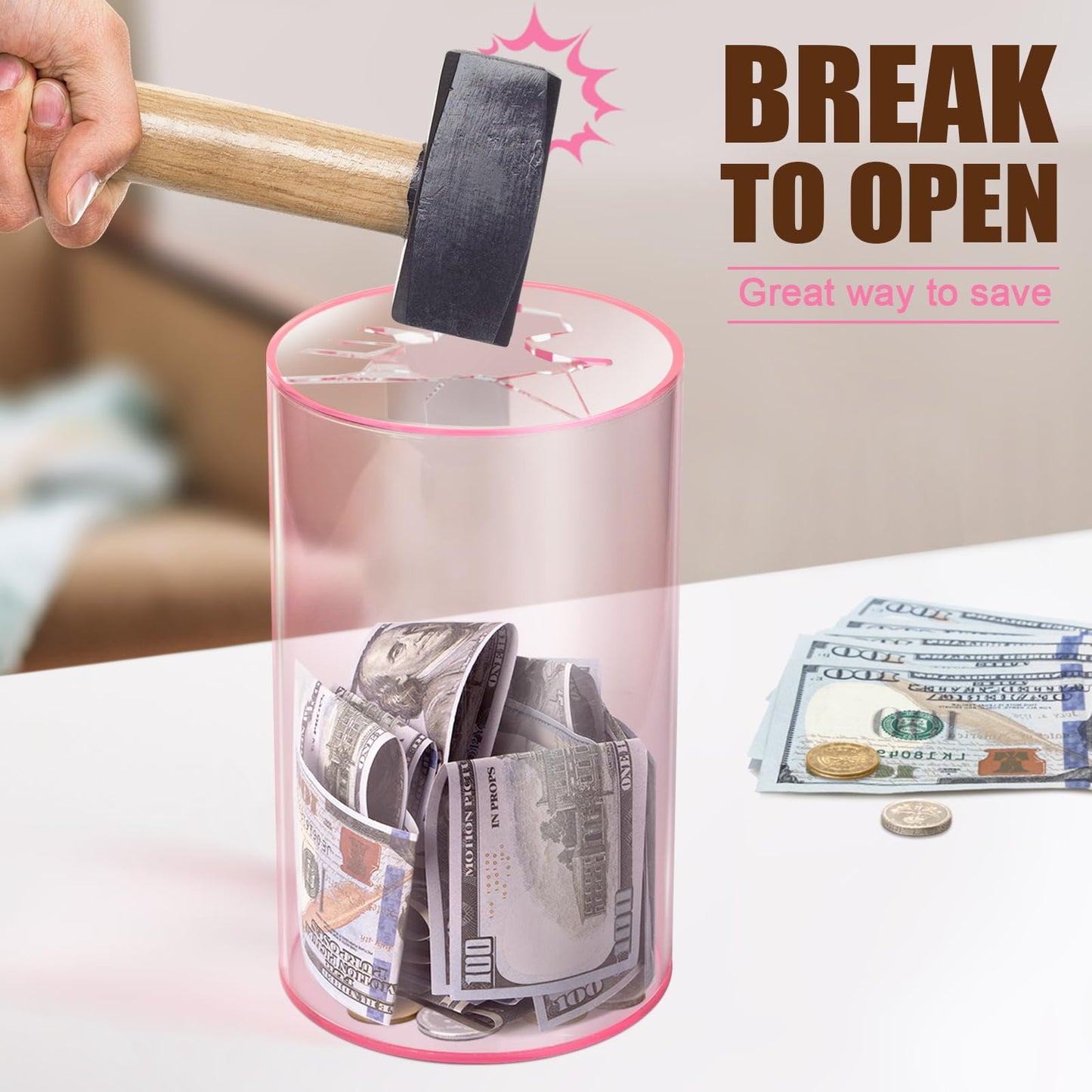 Hicocool Clear Piggy Bank — Break-to-Open Pink Acrylic Savings Jar, 8-in Height x 5-in Diameter