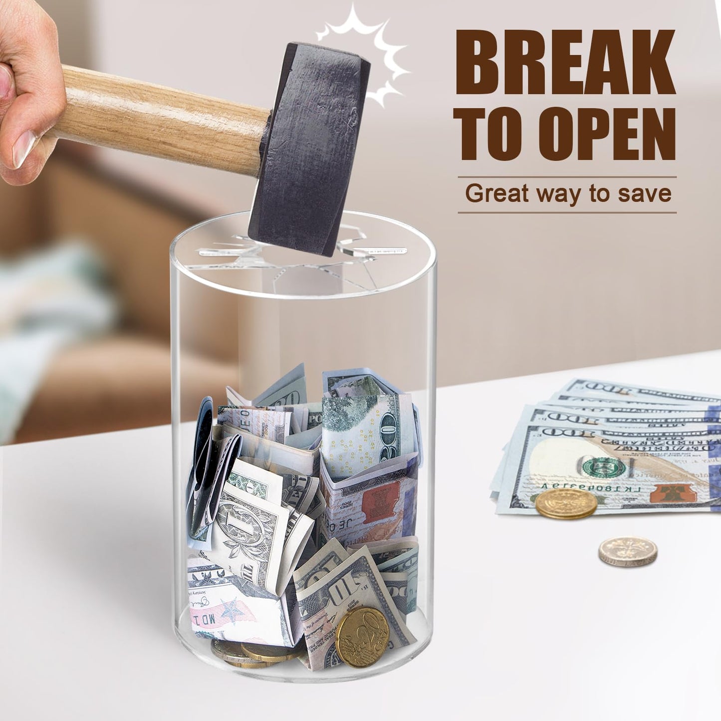 hicocool Clear Piggy Bank - Break-to-Open Acrylic Money Jar for Adults (6-inch H x 3.54-inch D)