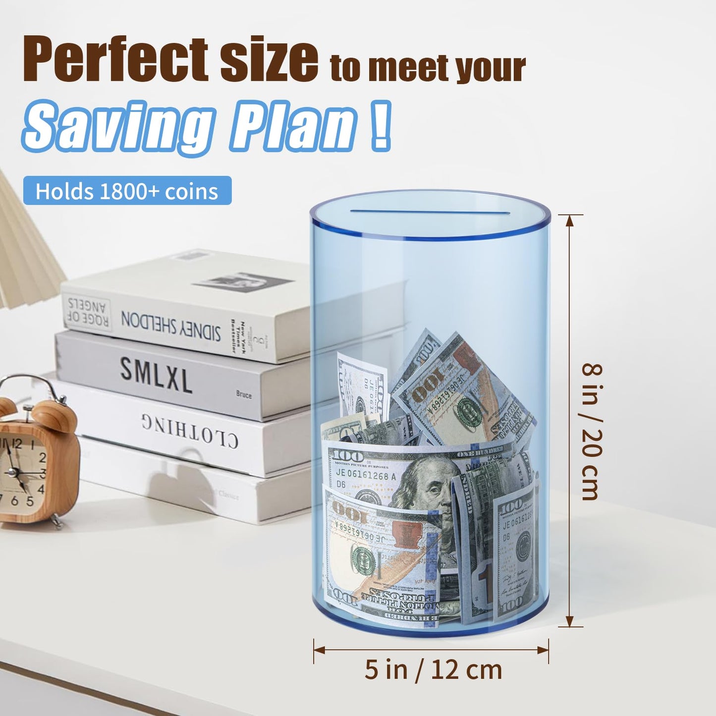 Hicocool Clear Piggy Bank – Break-to-Open Blue Acrylic Savings Jar (8"H x 5"D)