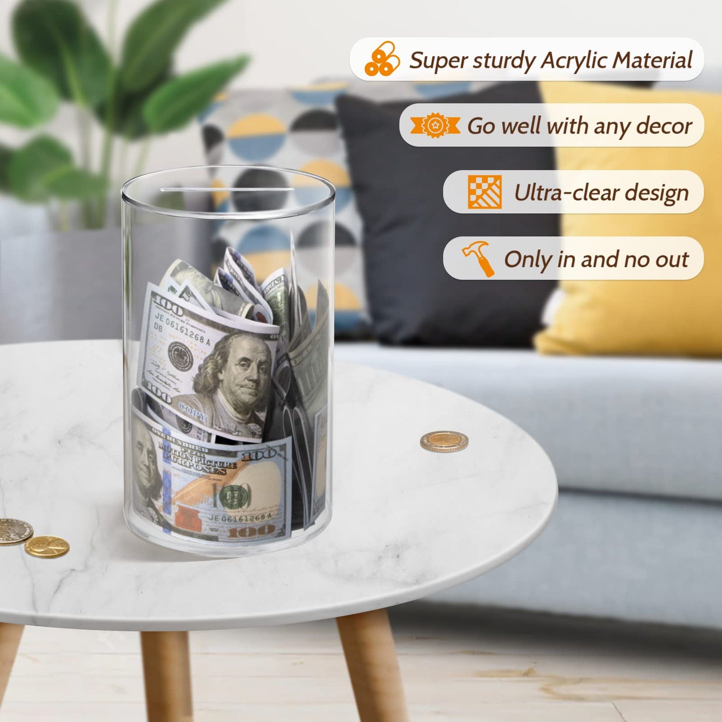 Hicocool Clear Piggy Bank – Unopenable Acrylic Savings Box (10\" H x 6\" D)