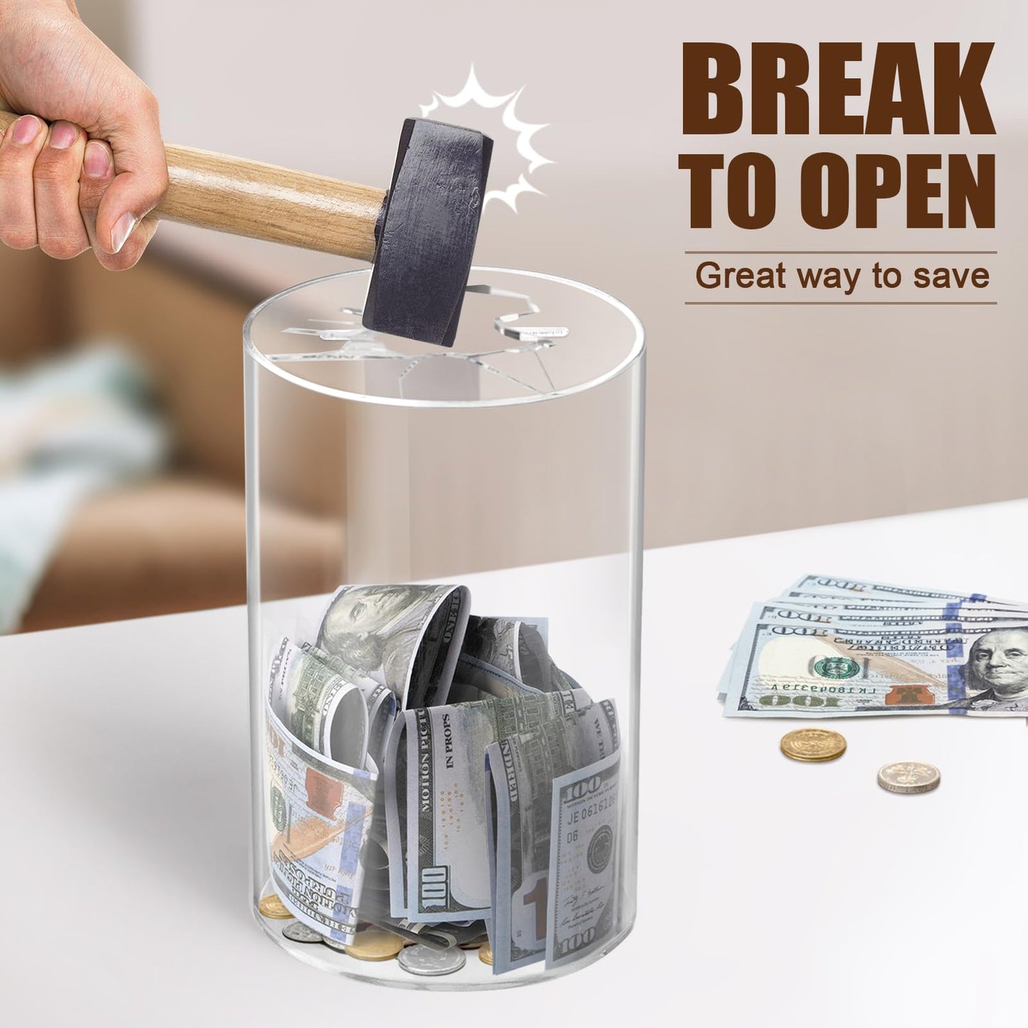 Hicocool Clear Piggy Bank – Unopenable Acrylic Savings Box (10\" H x 6\" D)