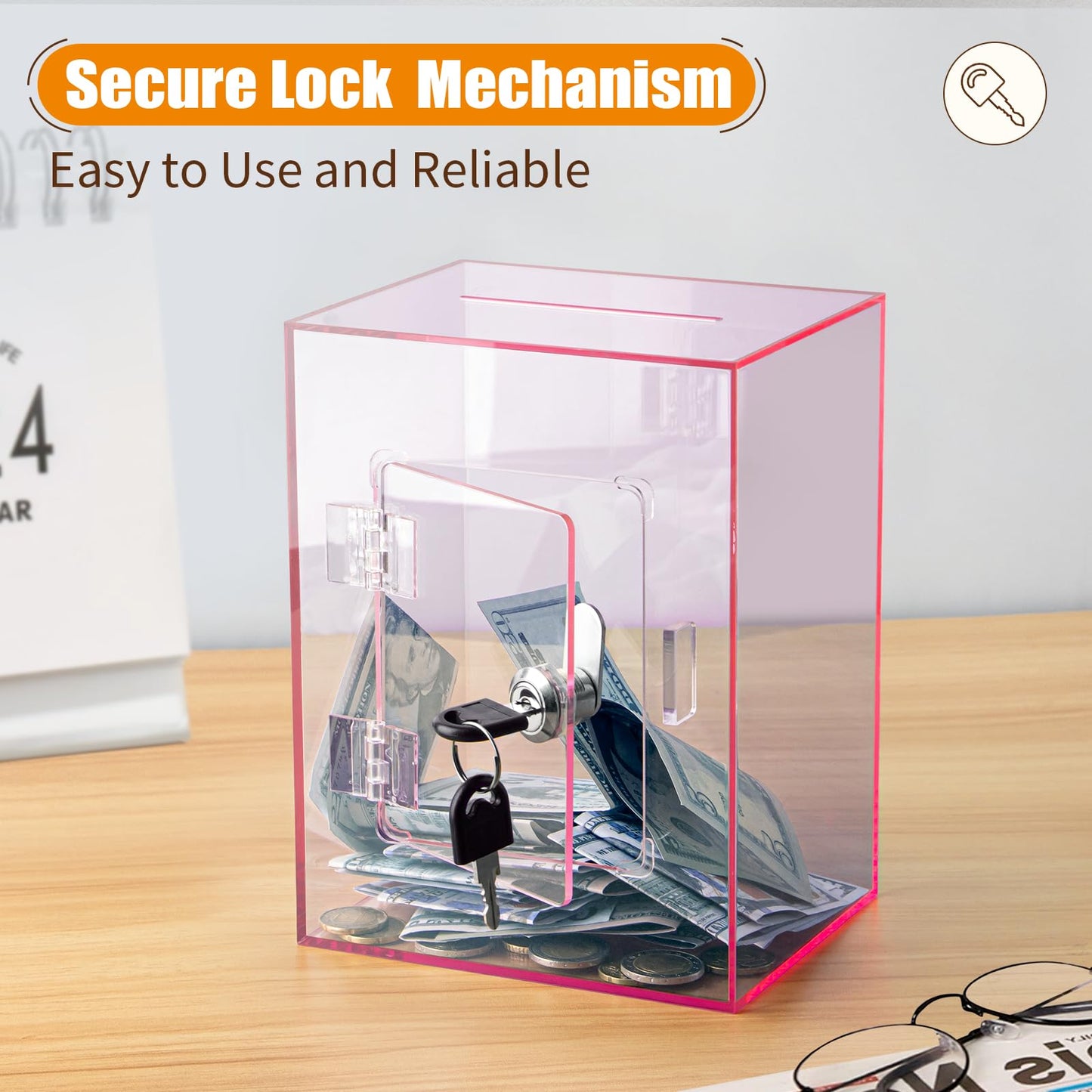 Hicocool Clear Piggy Bank with Lock – Acrylic Money Saving Box for Adults & Kids (Pink)