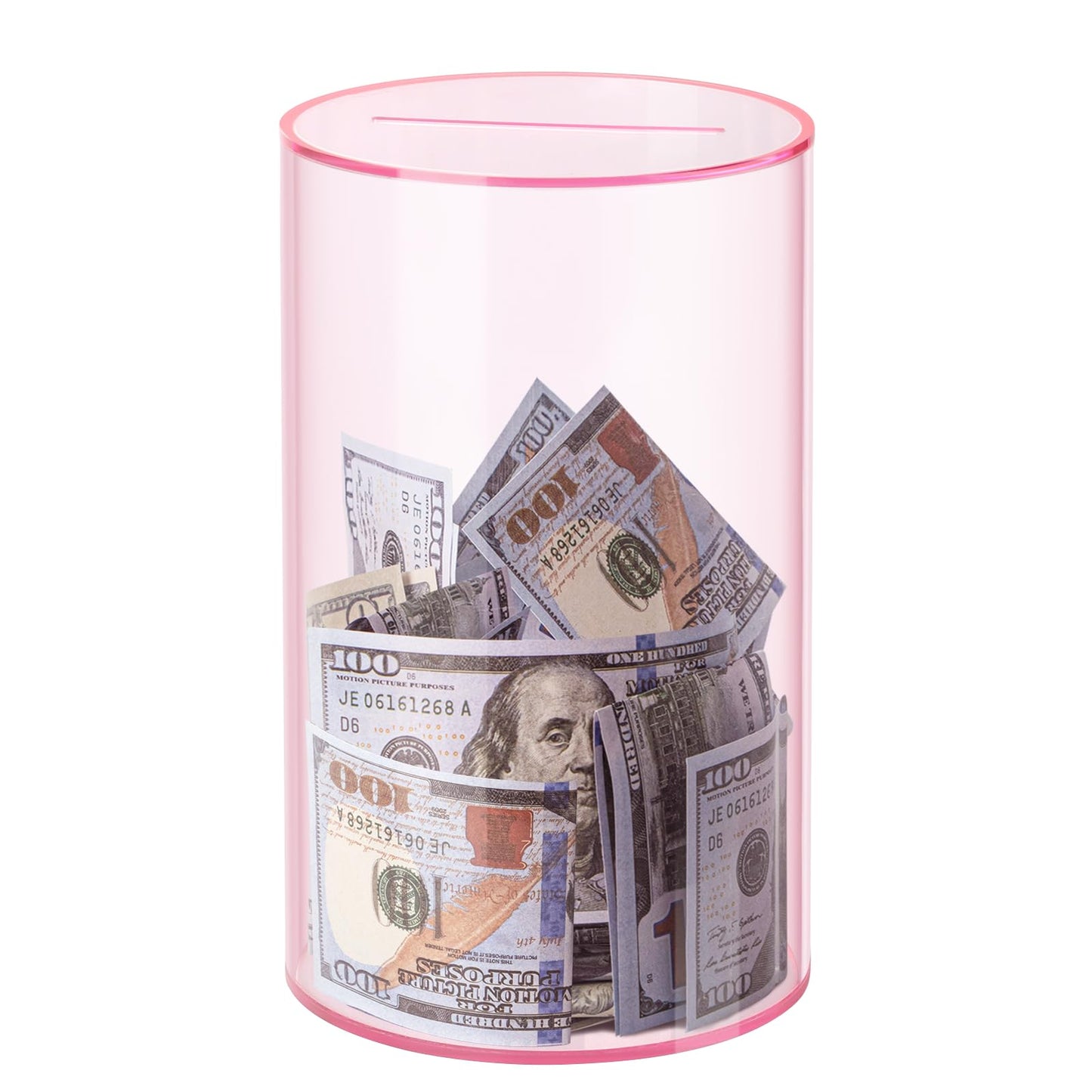 Hicocool Clear Piggy Bank — Break-to-Open Pink Acrylic Savings Jar, 8-in Height x 5-in Diameter