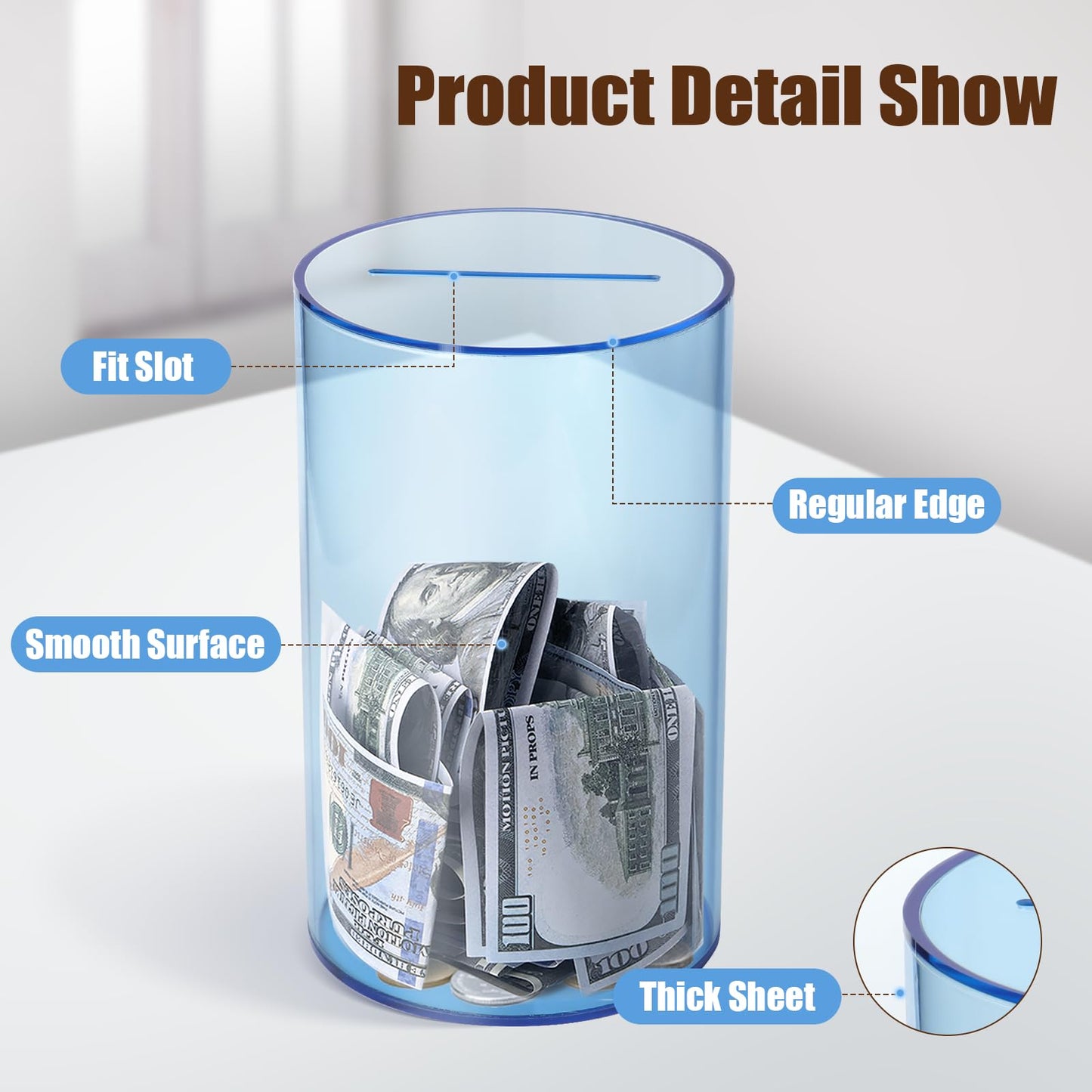 Hicocool Clear Piggy Bank – Break-to-Open Blue Acrylic Savings Jar (8"H x 5"D)