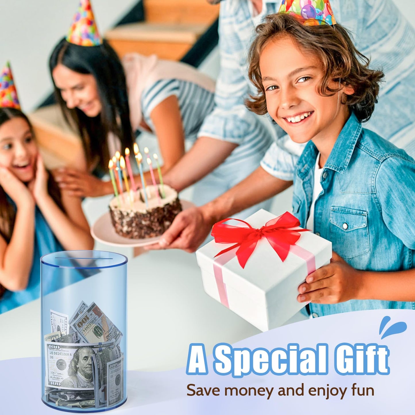Hicocool Clear Piggy Bank – Break-to-Open Blue Acrylic Savings Jar (8"H x 5"D)