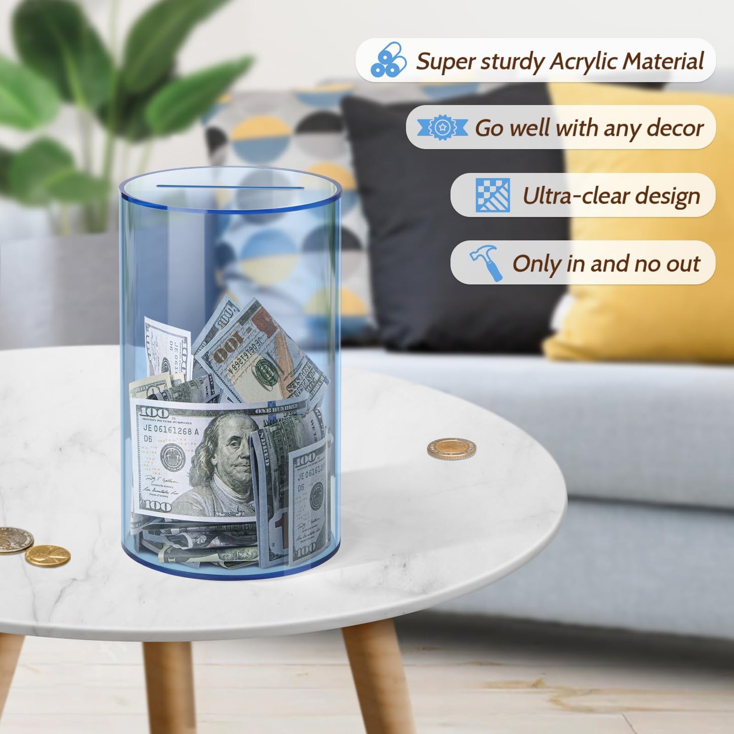 Hicocool Clear Piggy Bank – Break-to-Open Blue Acrylic Savings Jar (8"H x 5"D)