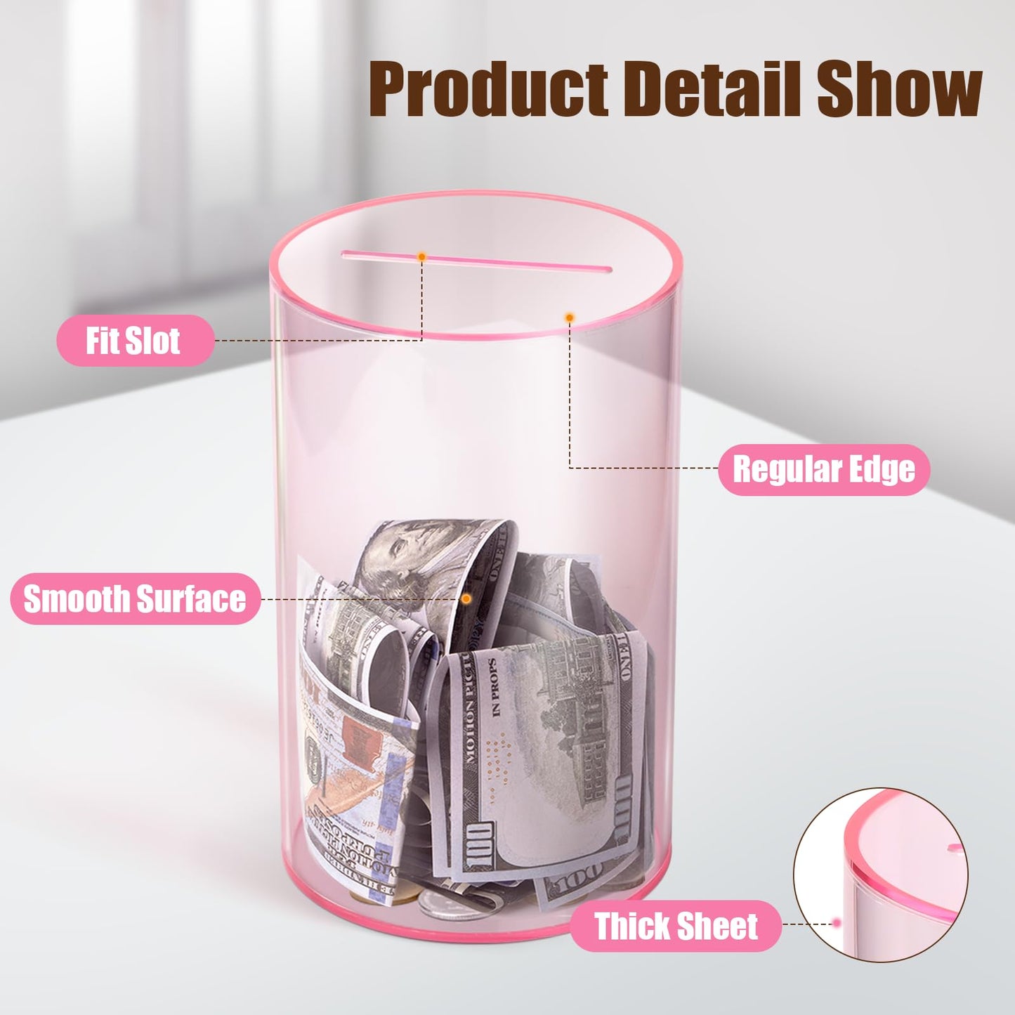 Hicocool Clear Piggy Bank — Break-to-Open Pink Acrylic Savings Jar, 8-in Height x 5-in Diameter