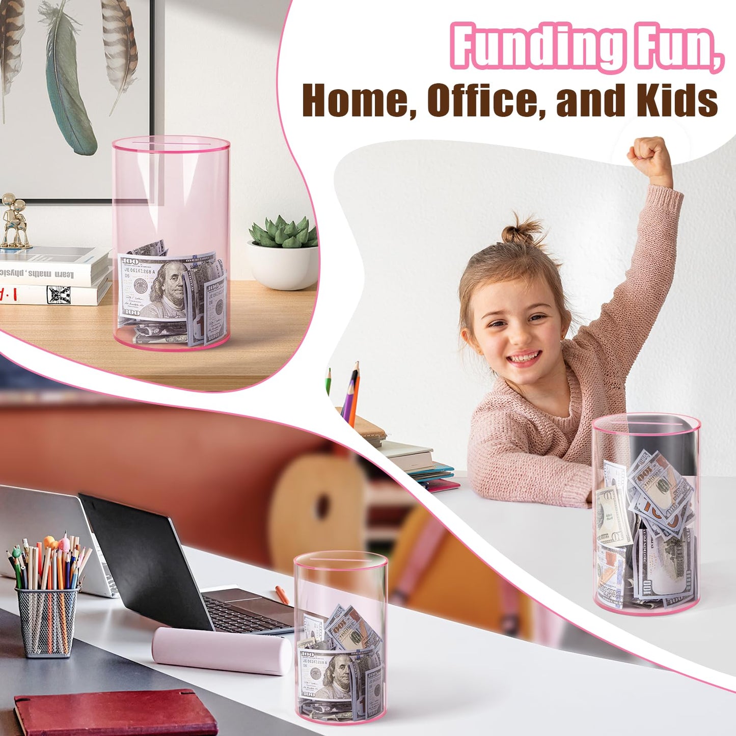 Hicocool Clear Piggy Bank — Break-to-Open Pink Acrylic Savings Jar, 8-in Height x 5-in Diameter