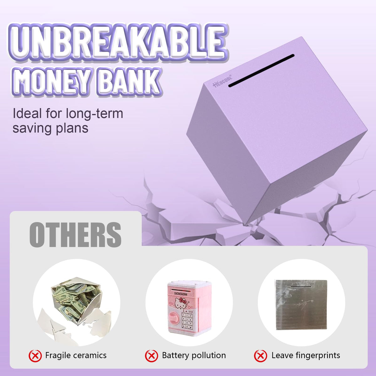 Hicocool Piggy Bank for Adults – Break-to-Open, Unbreakable Stainless Steel, Purple Palm Size