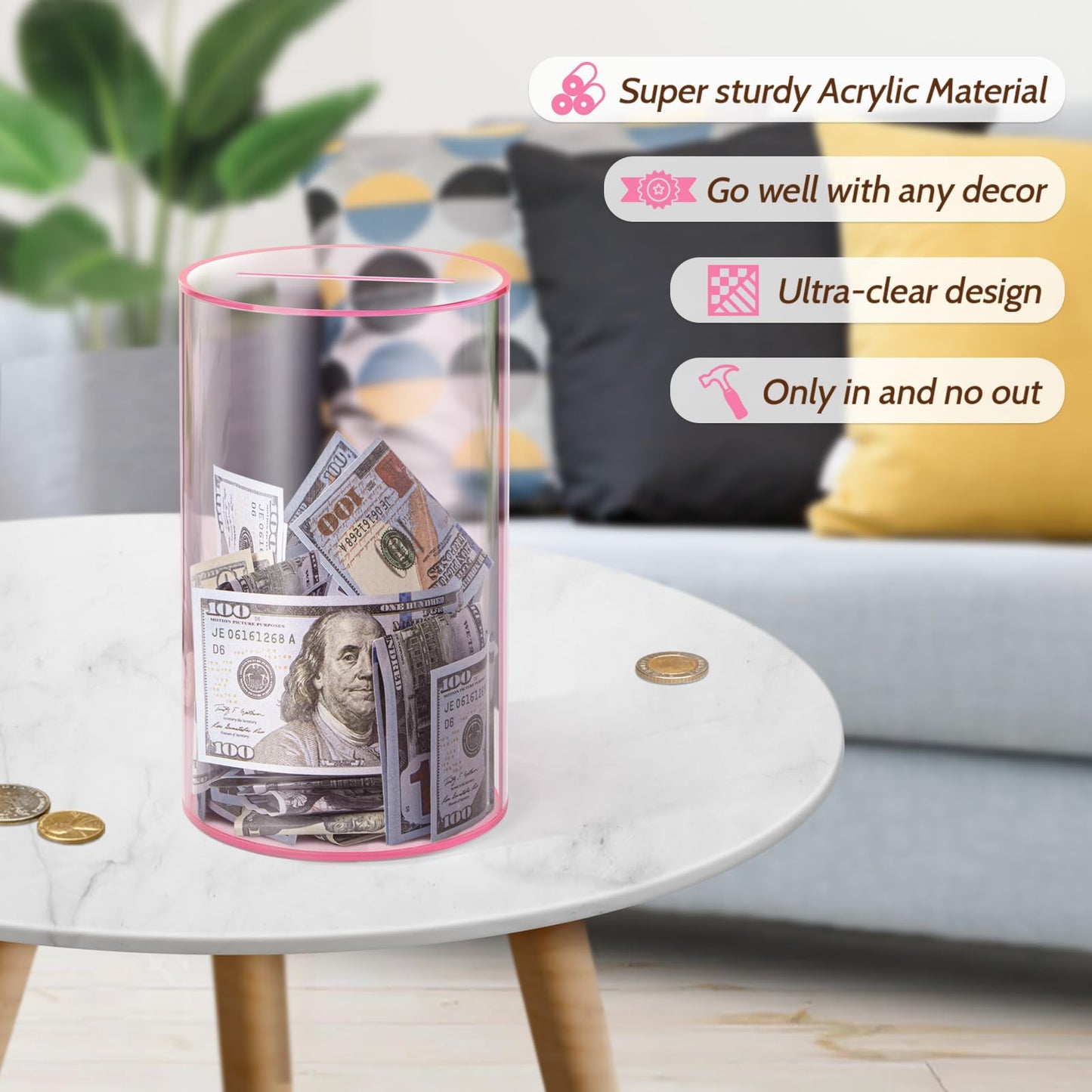 Hicocool Clear Piggy Bank — Break-to-Open Pink Acrylic Savings Jar, 8-in Height x 5-in Diameter