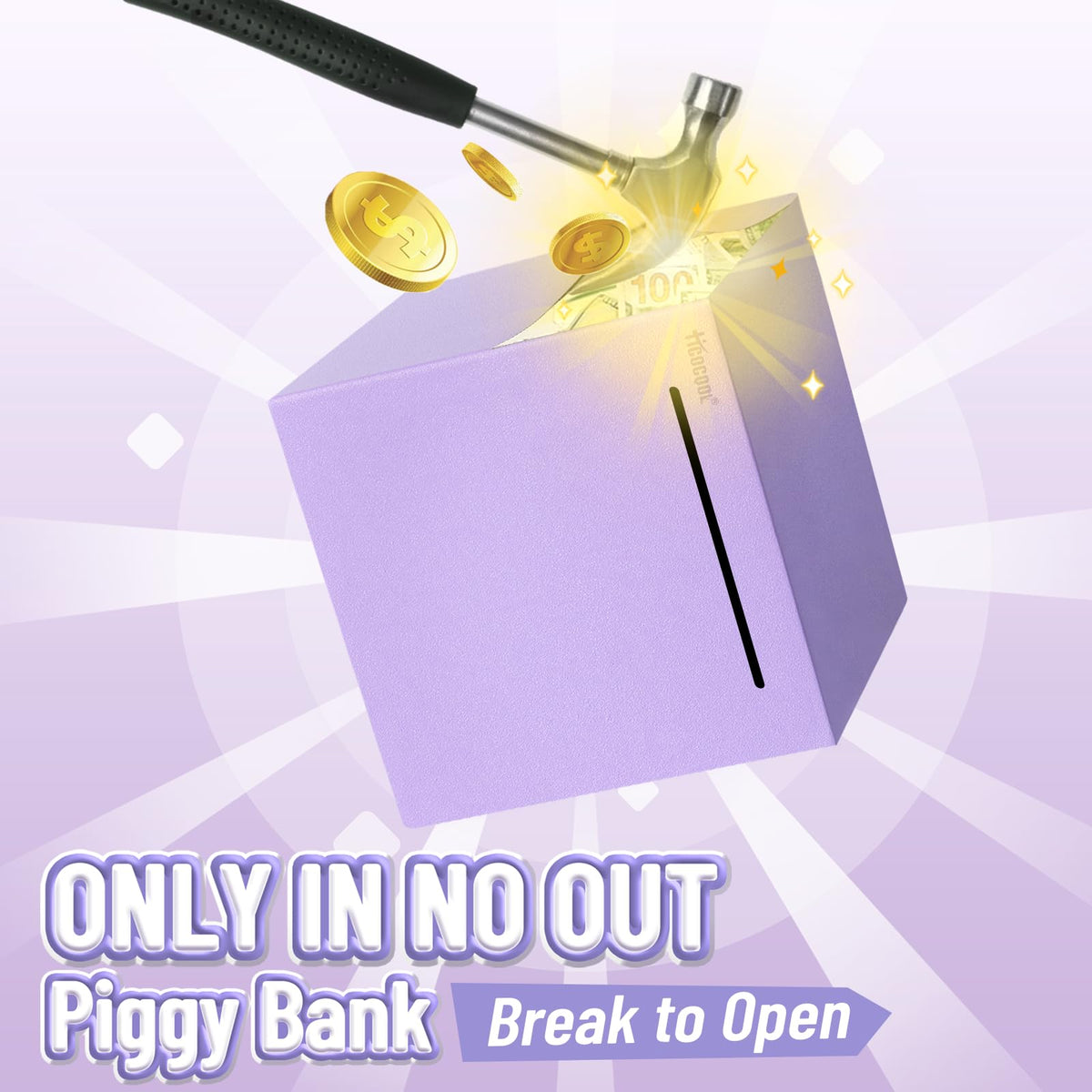 Hicocool Piggy Bank for Adults – Break-to-Open, Unbreakable Stainless Steel, Purple Palm Size