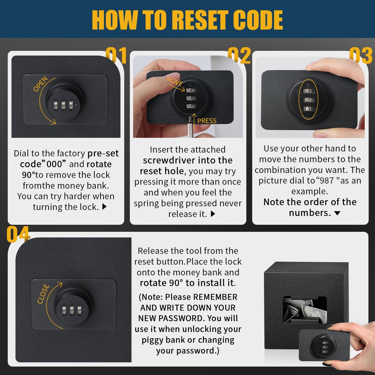 hicocool Password Lock Piggy Bank – Stainless Steel Reusable Money Box (5.9 in, Black)