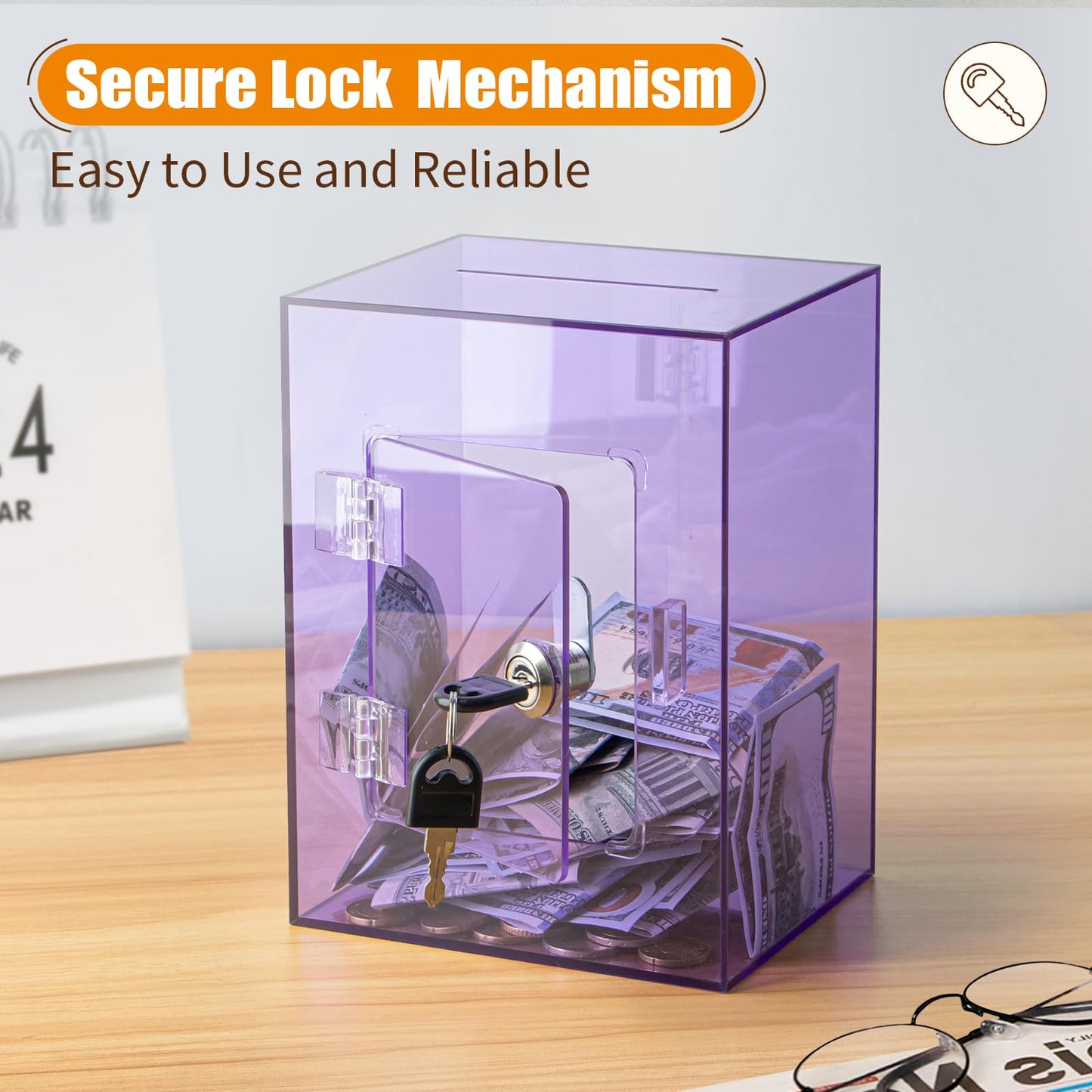 Hicocool Clear Piggy Bank with Lock – Acrylic Savings Box for Adults & Kids (Purple)