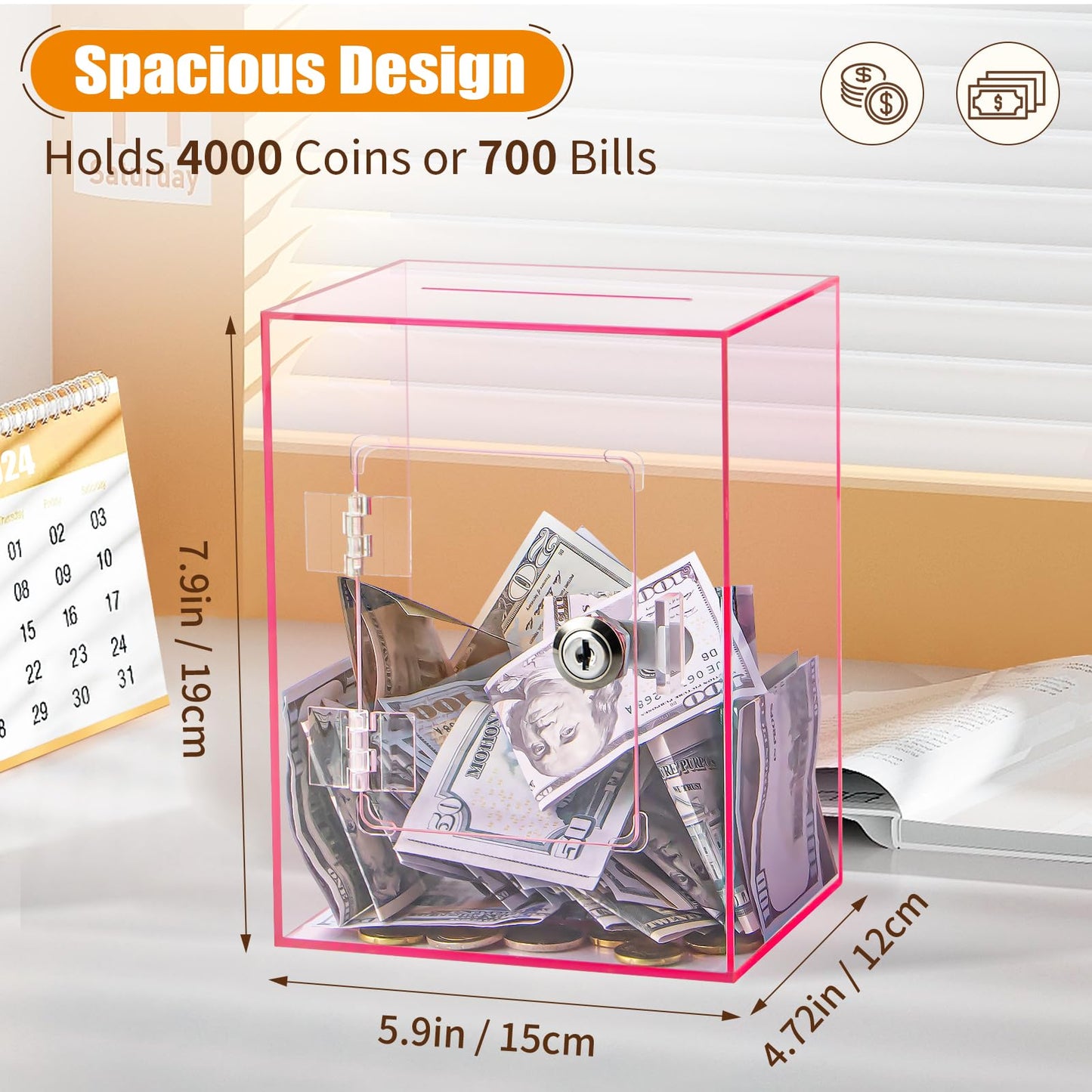 Hicocool Clear Piggy Bank with Lock – Acrylic Money Saving Box for Adults & Kids (Pink)