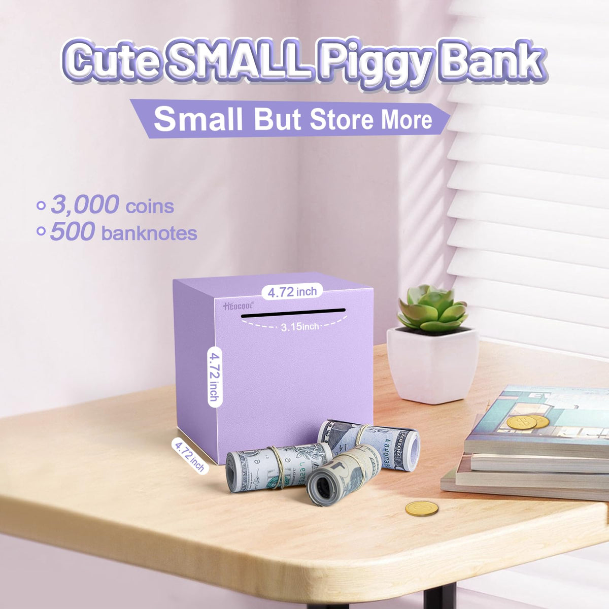 Hicocool Piggy Bank for Adults – Break-to-Open, Unbreakable Stainless Steel, Purple Palm Size