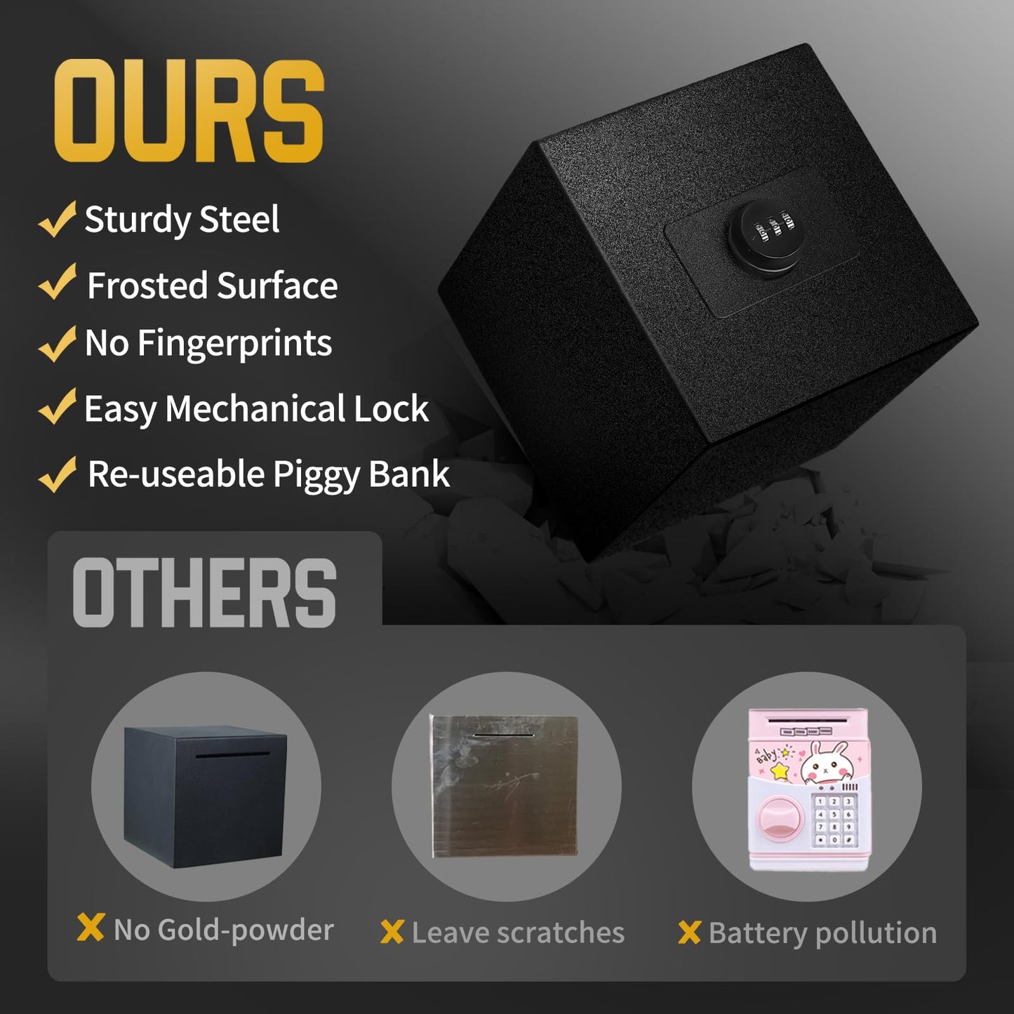 hicocool Password Lock Piggy Bank – Stainless Steel Reusable Money Box (5.9 in, Black)