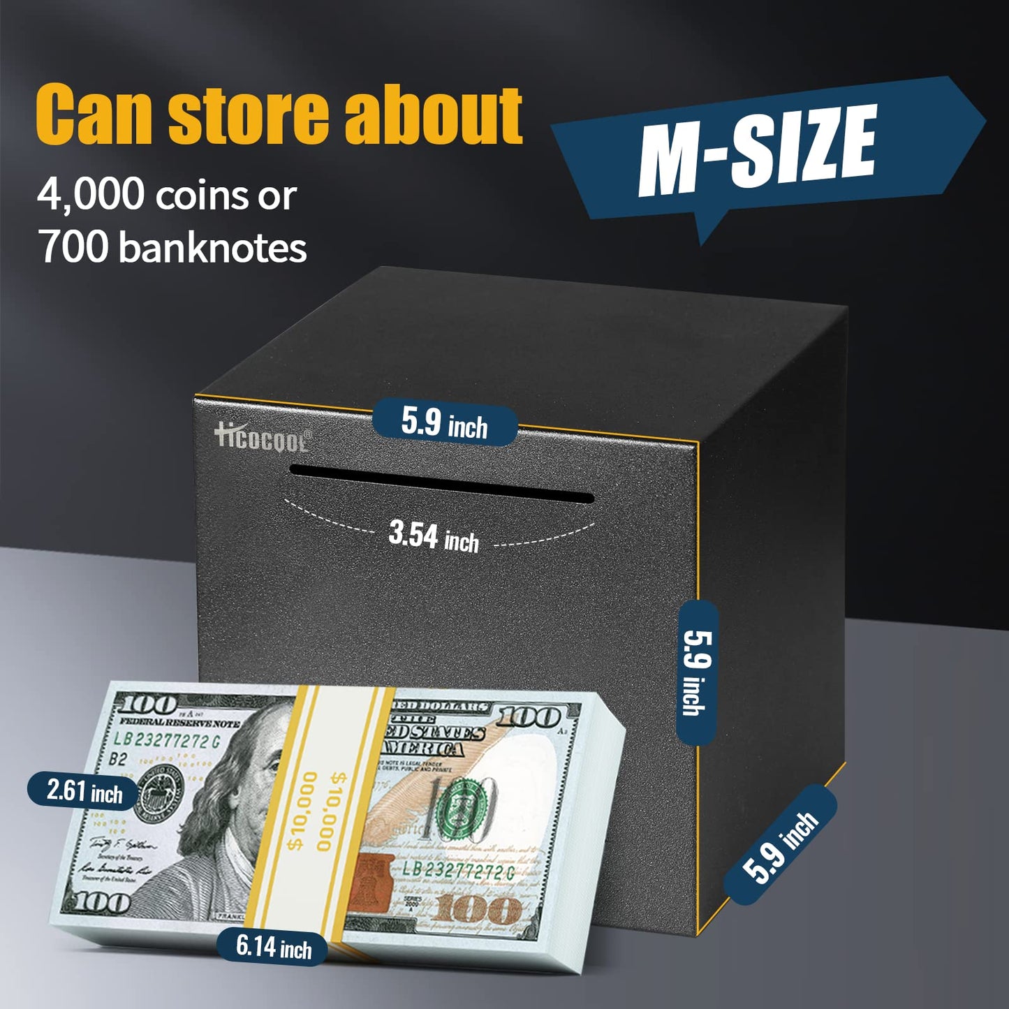 hicocool Piggy Bank for Adults – Stainless Steel Unbreakable Money Box (5.9 in, Black)