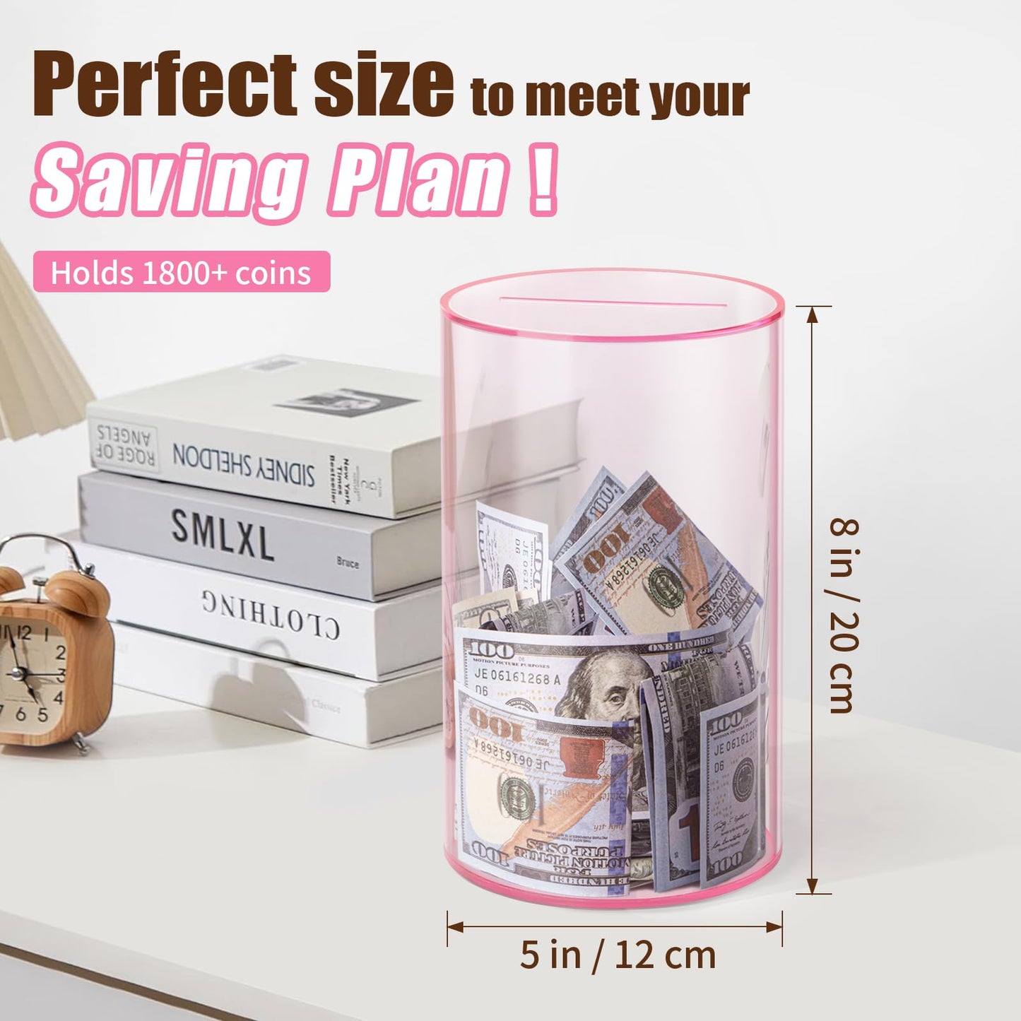 Hicocool Clear Piggy Bank — Break-to-Open Pink Acrylic Savings Jar, 8-in Height x 5-in Diameter