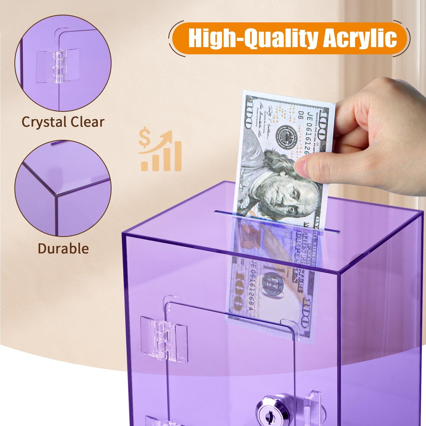Hicocool Clear Piggy Bank with Lock – Acrylic Savings Box for Adults & Kids (Purple)