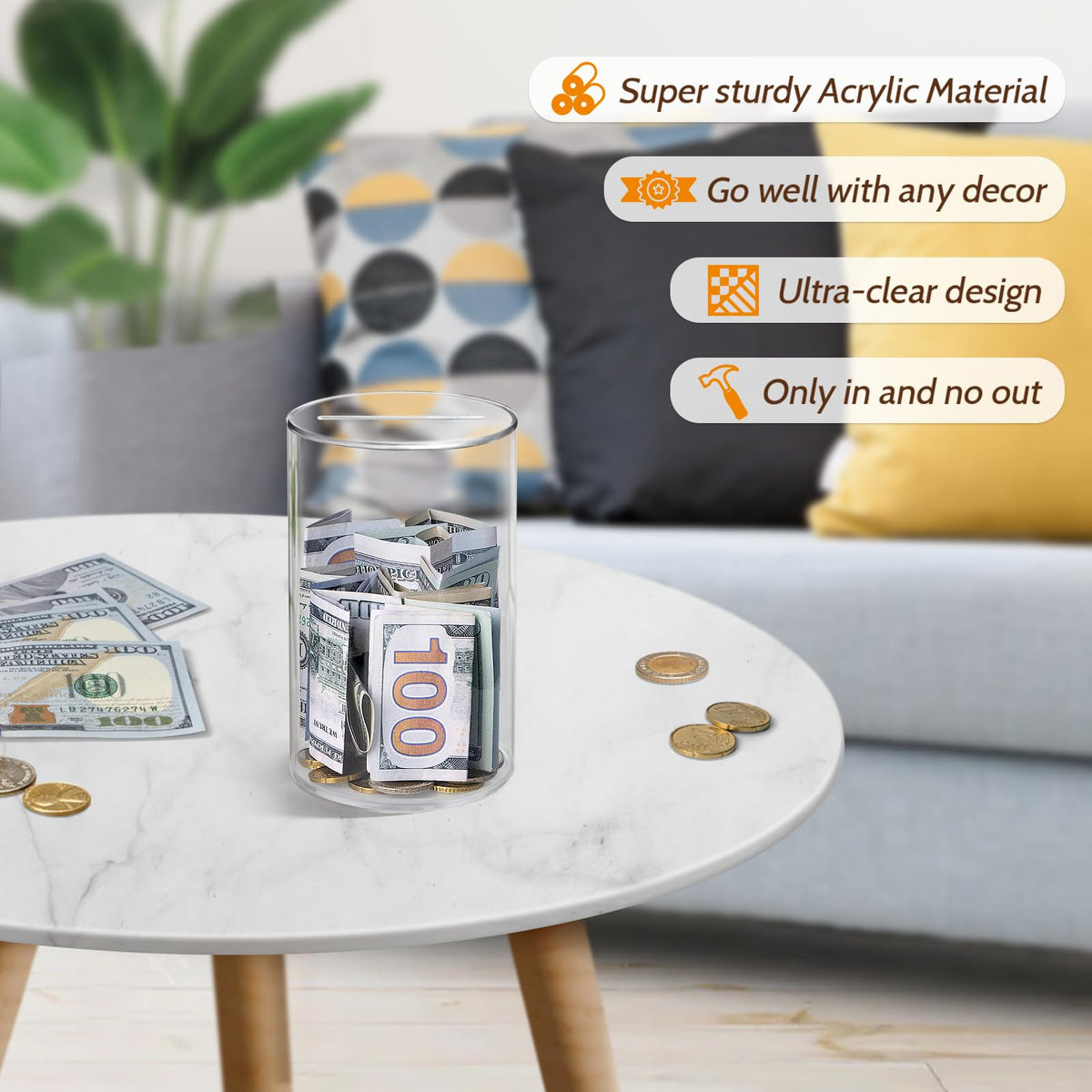 hicocool Clear Piggy Bank - Break-to-Open Acrylic Money Jar for Adults (6-inch H x 3.54-inch D)