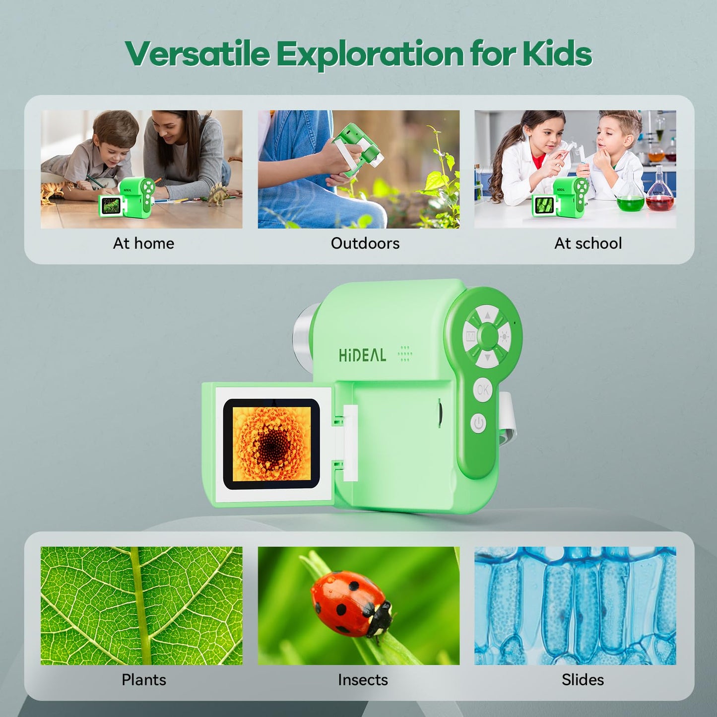 Hideal HP20 IPS Microscope for Kids – 3-in-1 Portable Mini Scope (100X-1000X), 32GB, Green