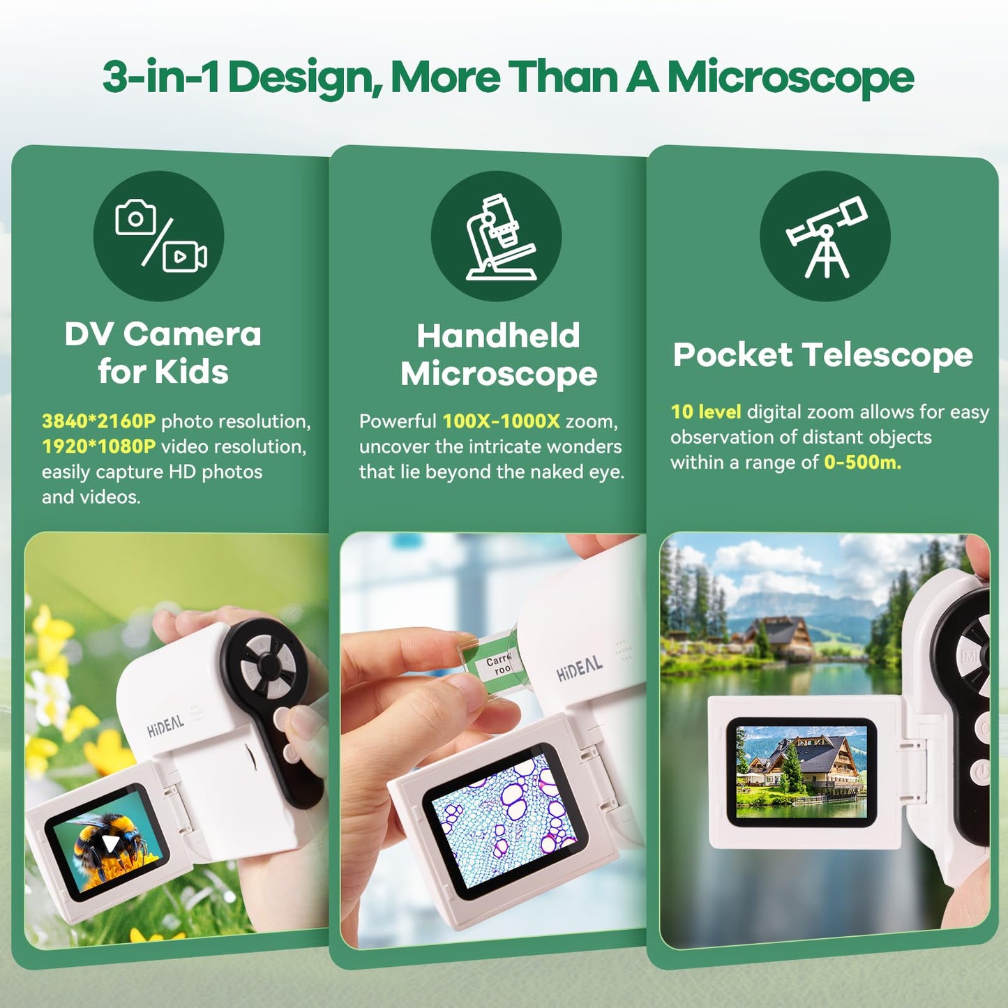 Hideal HP20 3-in-1 Kids Microscope | Portable Mini Scope with 100x-1000x Magnification | 32GB Included