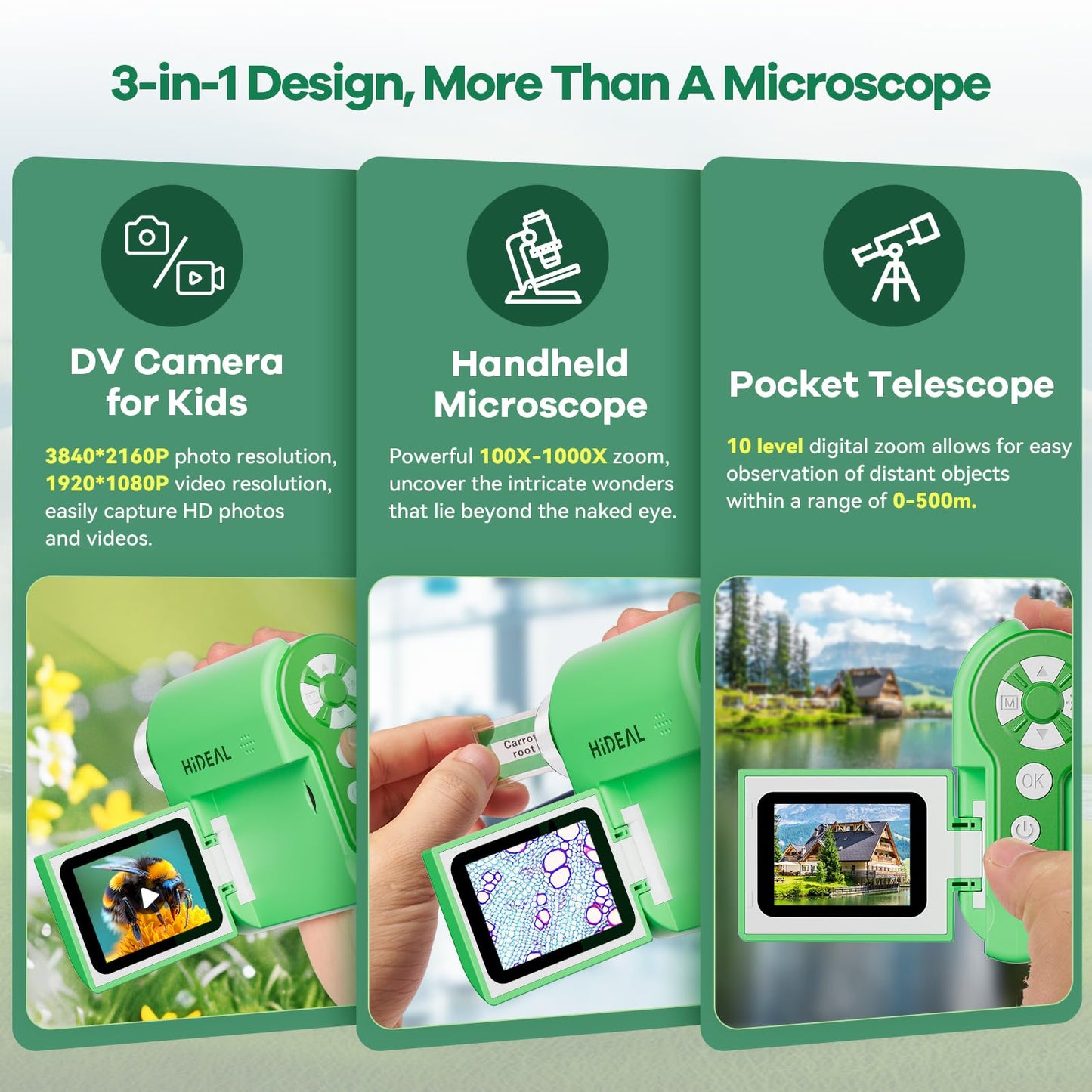 Hideal HP20 IPS Microscope for Kids – 3-in-1 Portable Mini Scope (100X-1000X), 32GB, Green