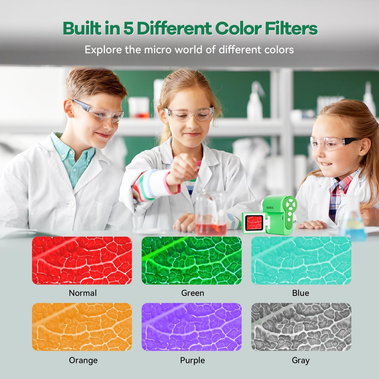 Hideal HP20 IPS Microscope for Kids – 3-in-1 Portable Mini Scope (100X-1000X), 32GB, Green