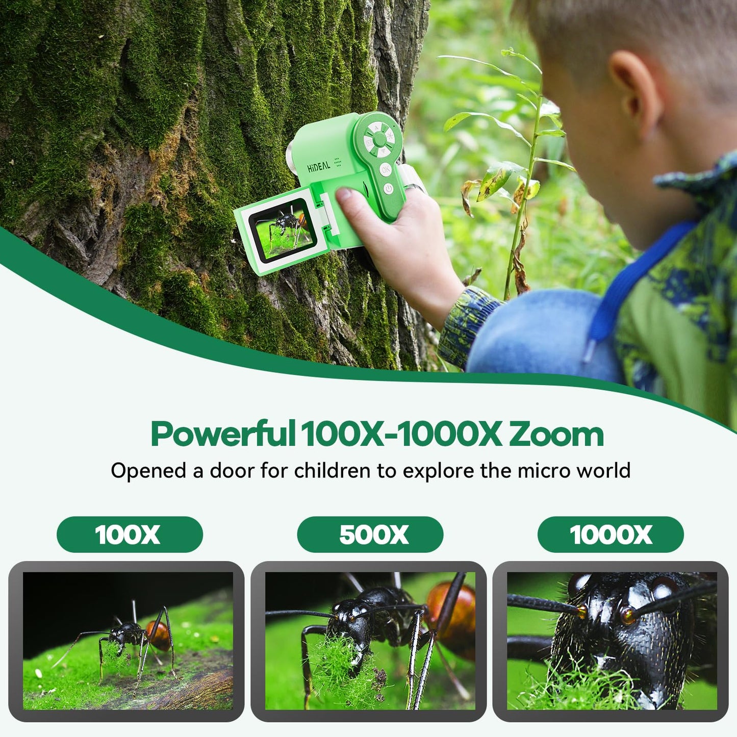 Hideal HP20 IPS Microscope for Kids – 3-in-1 Portable Mini Scope (100X-1000X), 32GB, Green