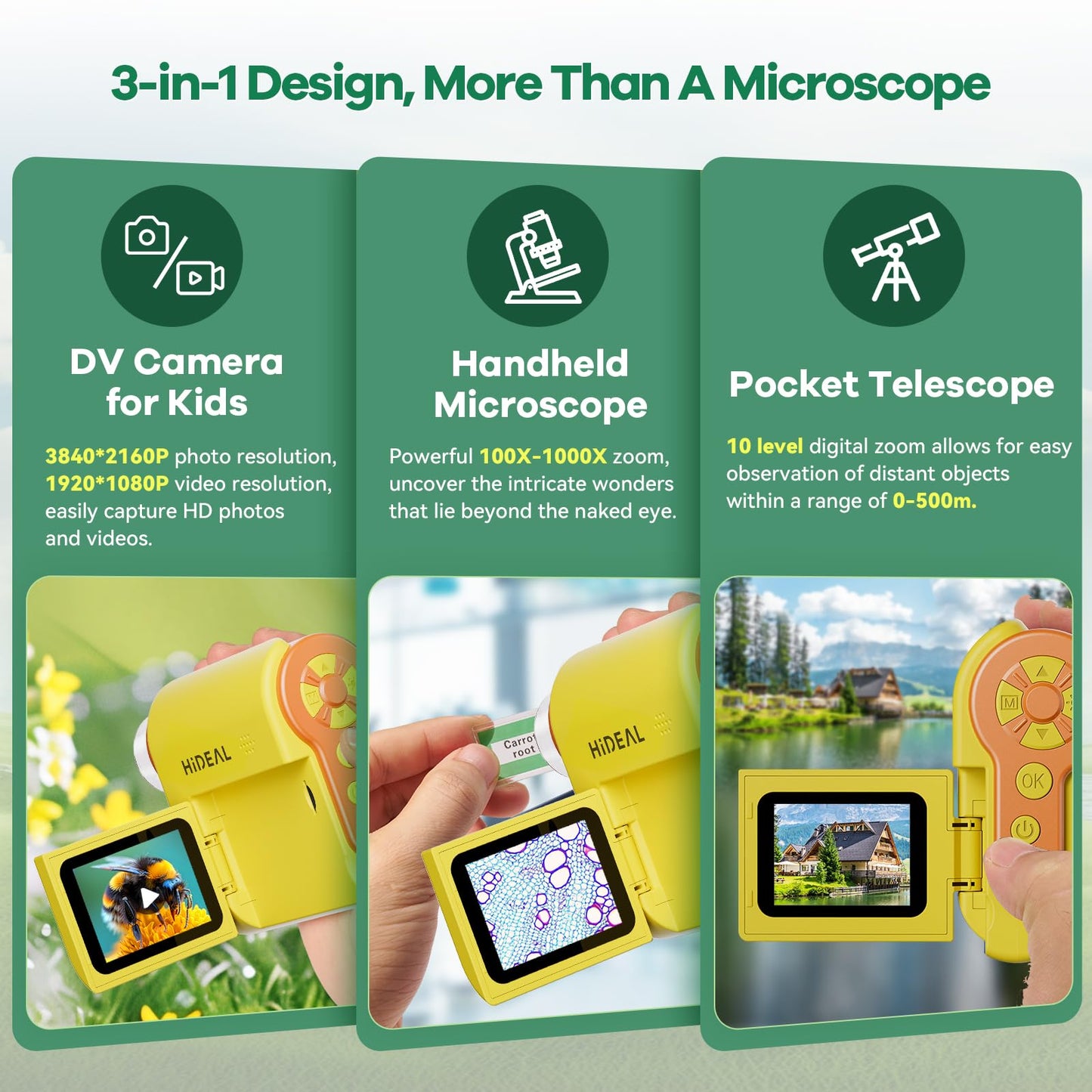 Hideal HP20 IPS Microscope for Kids – 3-in-1 Portable Mini Scope, 32GB, Yellow