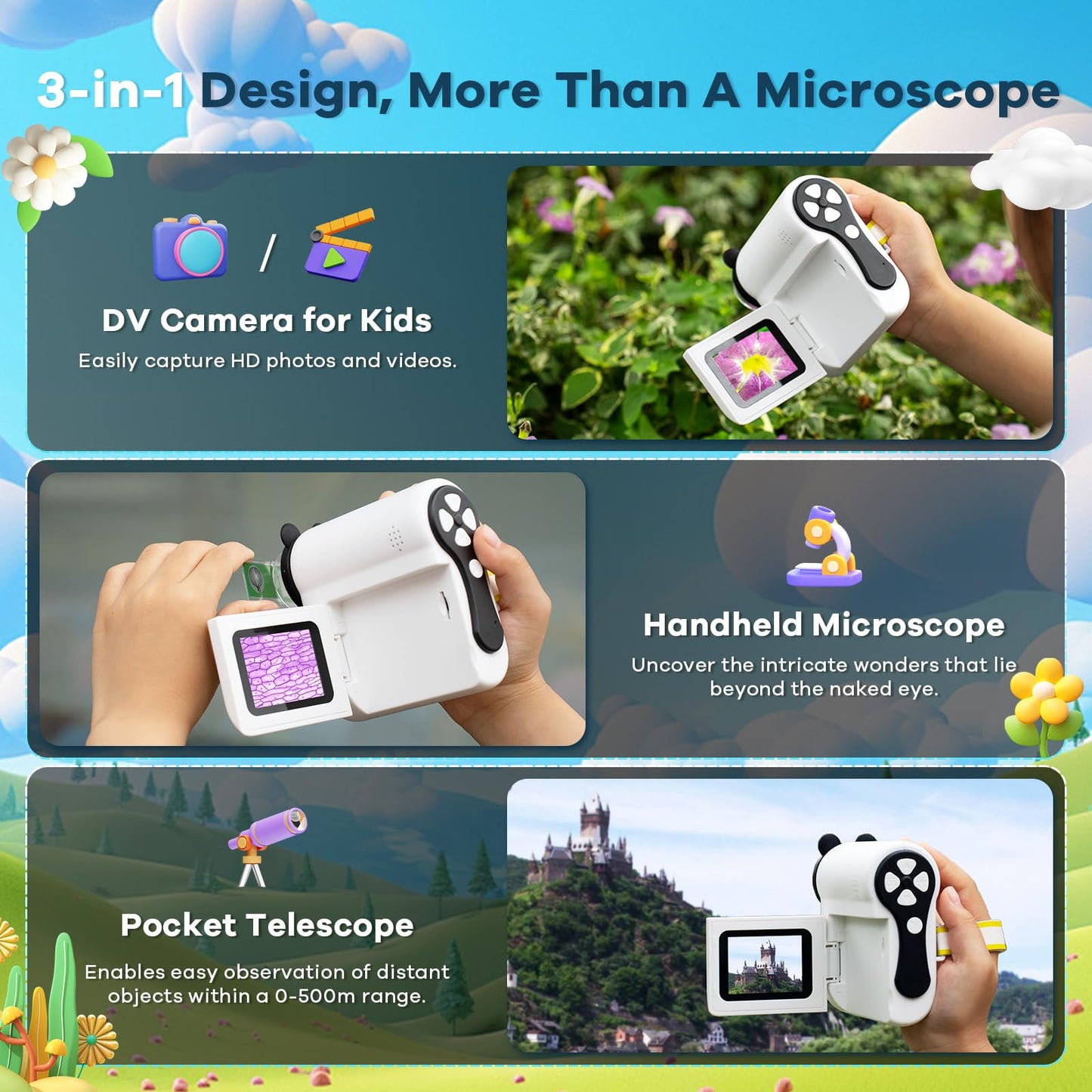 Hideal HP60 IPS Microscope for Kids – Auto On/Off 3-in-1 Portable Miniscope (PC View) – White
