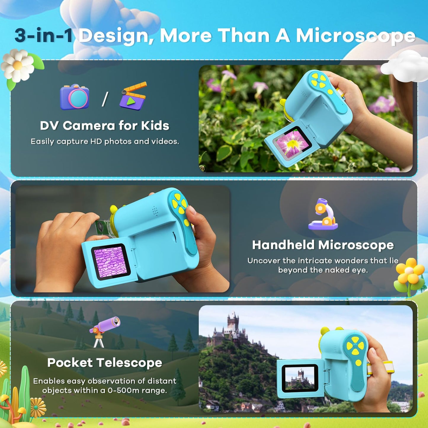 Hideal HP60 IPS Microscope for Kids | Auto On/Off 3-in-1 2-Inch Portable MiniScope – Blue