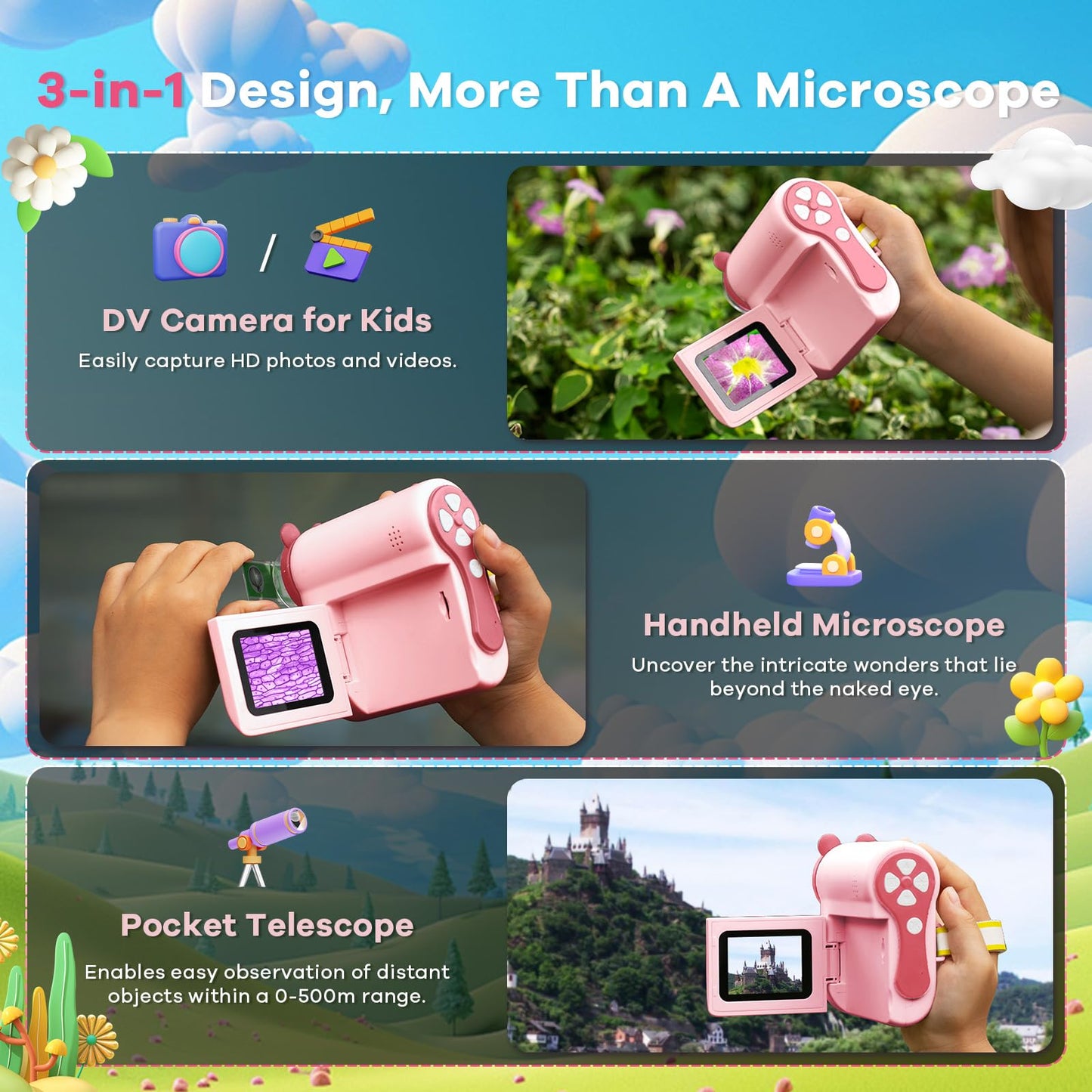 Hideal HP60 IPS Kids Microscope - Auto On/Off, 3-in-1 Mini Scope, 2-Inch Pink