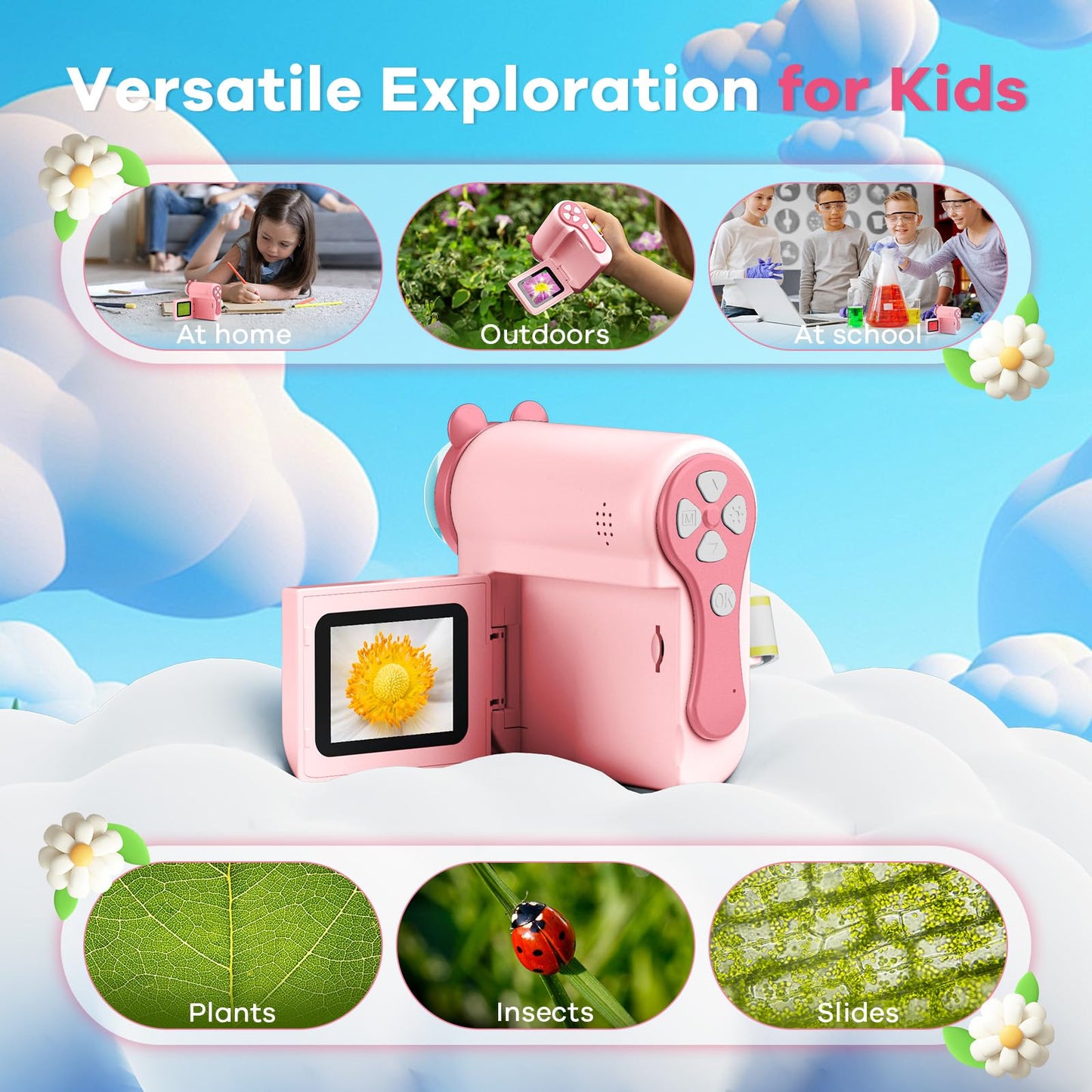 Hideal HP60 IPS Kids Microscope - Auto On/Off, 3-in-1 Mini Scope, 2-Inch Pink