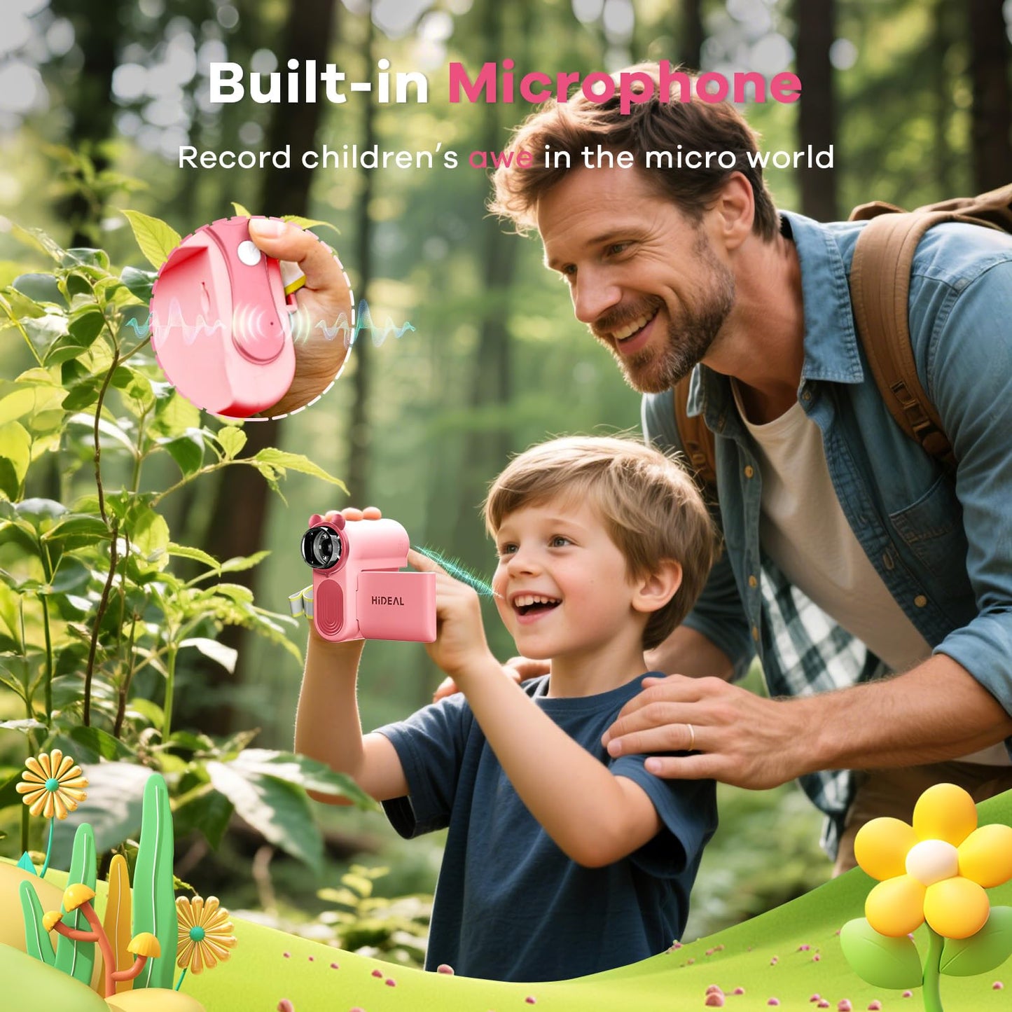 Hideal HP60 IPS Kids Microscope - Auto On/Off, 3-in-1 Mini Scope, 2-Inch Pink