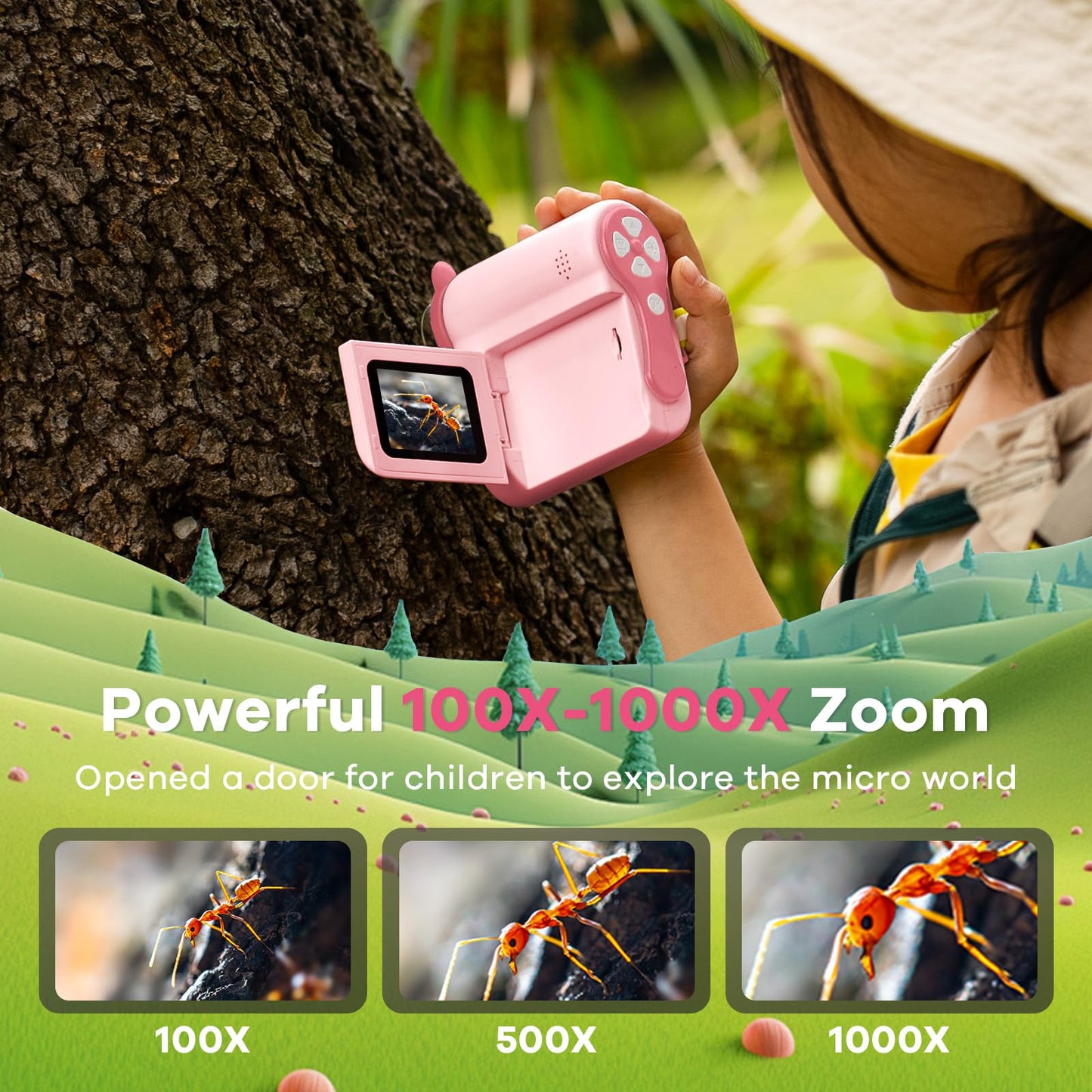 Hideal HP60 IPS Kids Microscope - Auto On/Off, 3-in-1 Mini Scope, 2-Inch Pink
