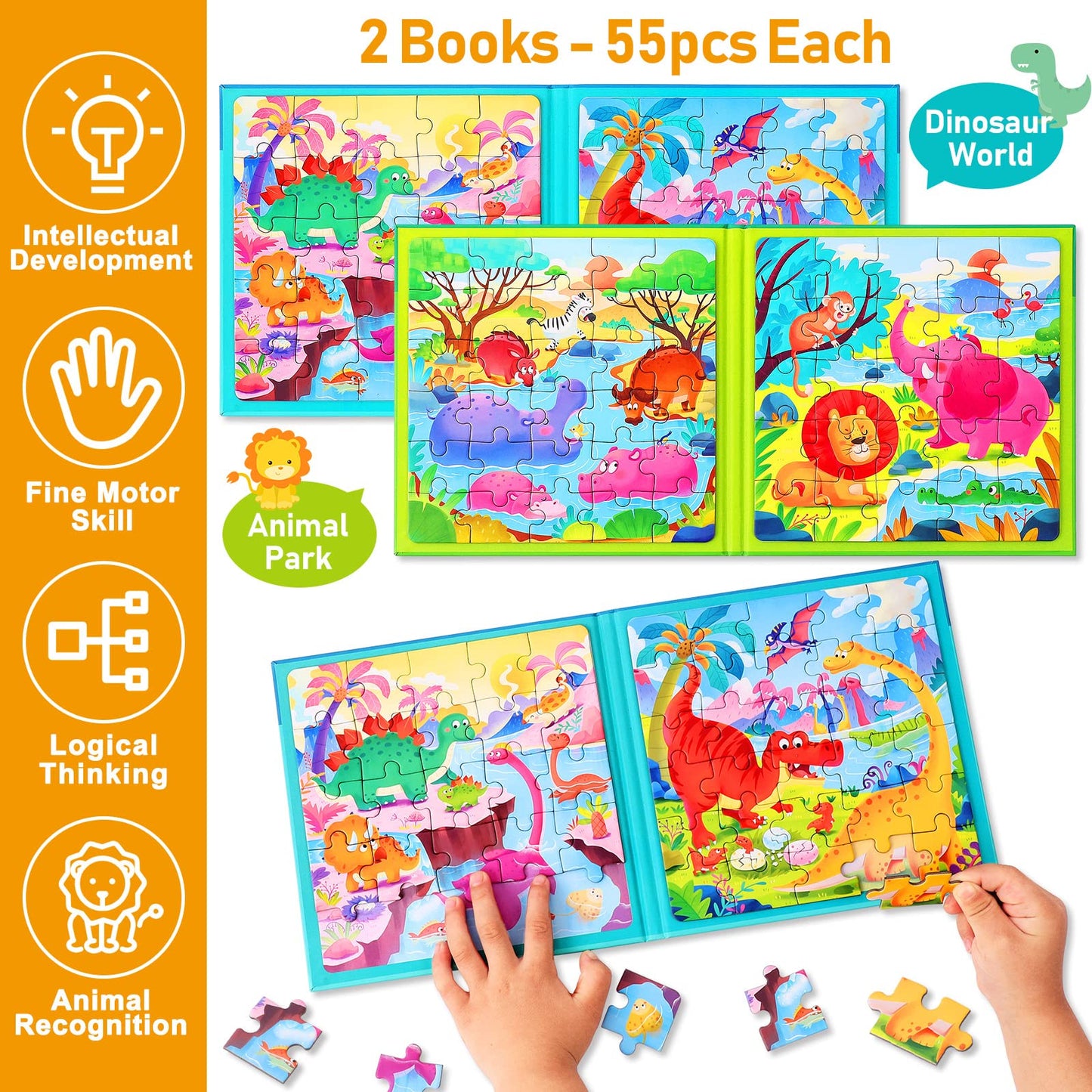 Hieoby Magnetic Puzzles for Kids 3-5 | Two-Book Dinosaur & Animal Puzzle Set