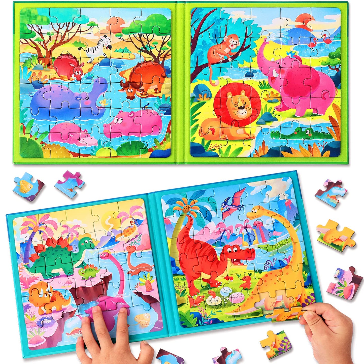 Hieoby Magnetic Puzzles for Kids 3-5 | Two-Book Dinosaur & Animal Puzzle Set