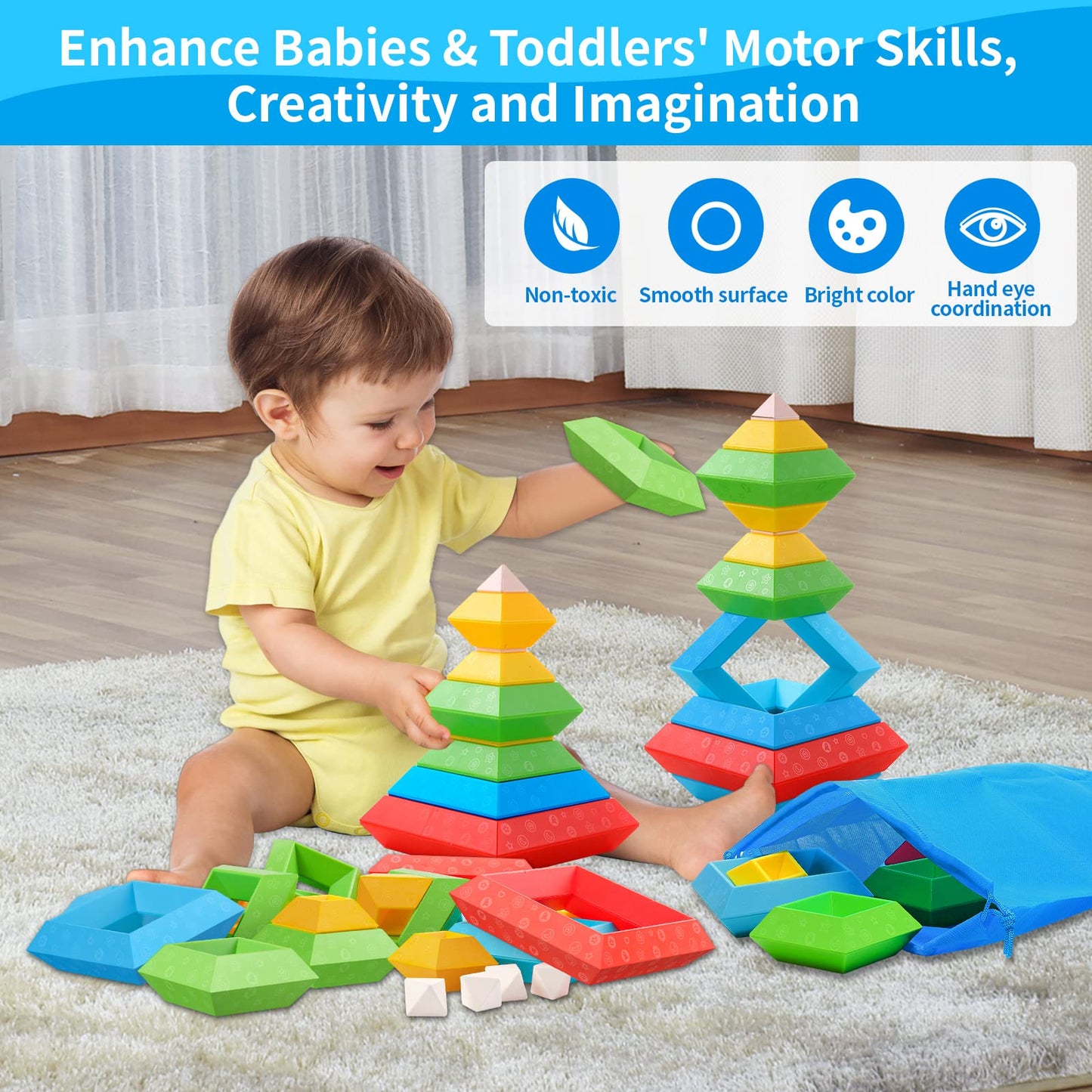 Hieoby Montessori Blocks 30pcs for Toddlers – STEM & Sensory Building Toys (Ages 1-4)