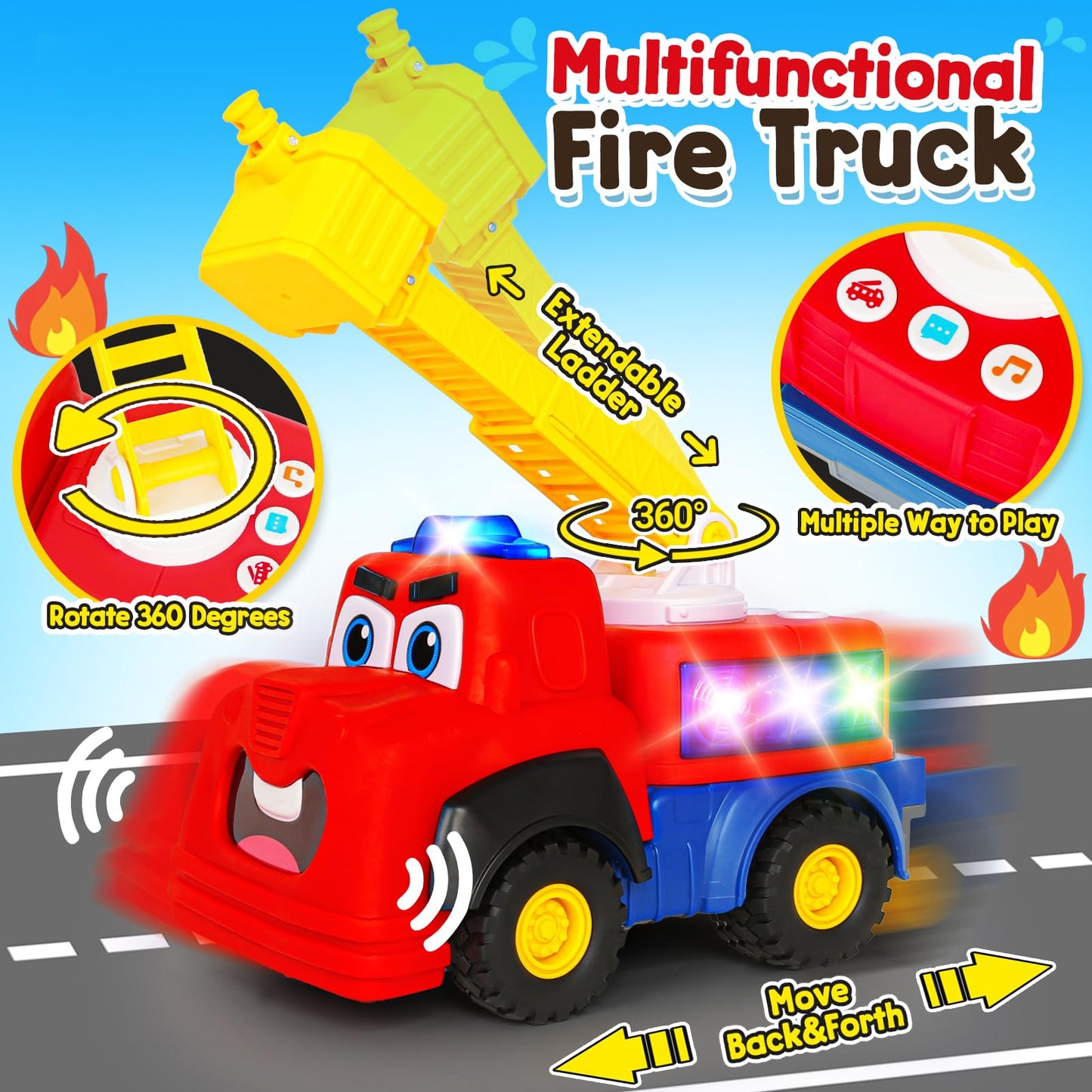 Hieoby Interactive Talking Fire Truck Toy for Toddlers 1-3 — Realistic Sirens, Lights, Songs & Recording