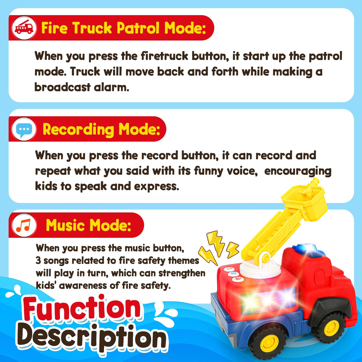 Hieoby Interactive Talking Fire Truck Toy for Toddlers 1-3 — Realistic Sirens, Lights, Songs & Recording