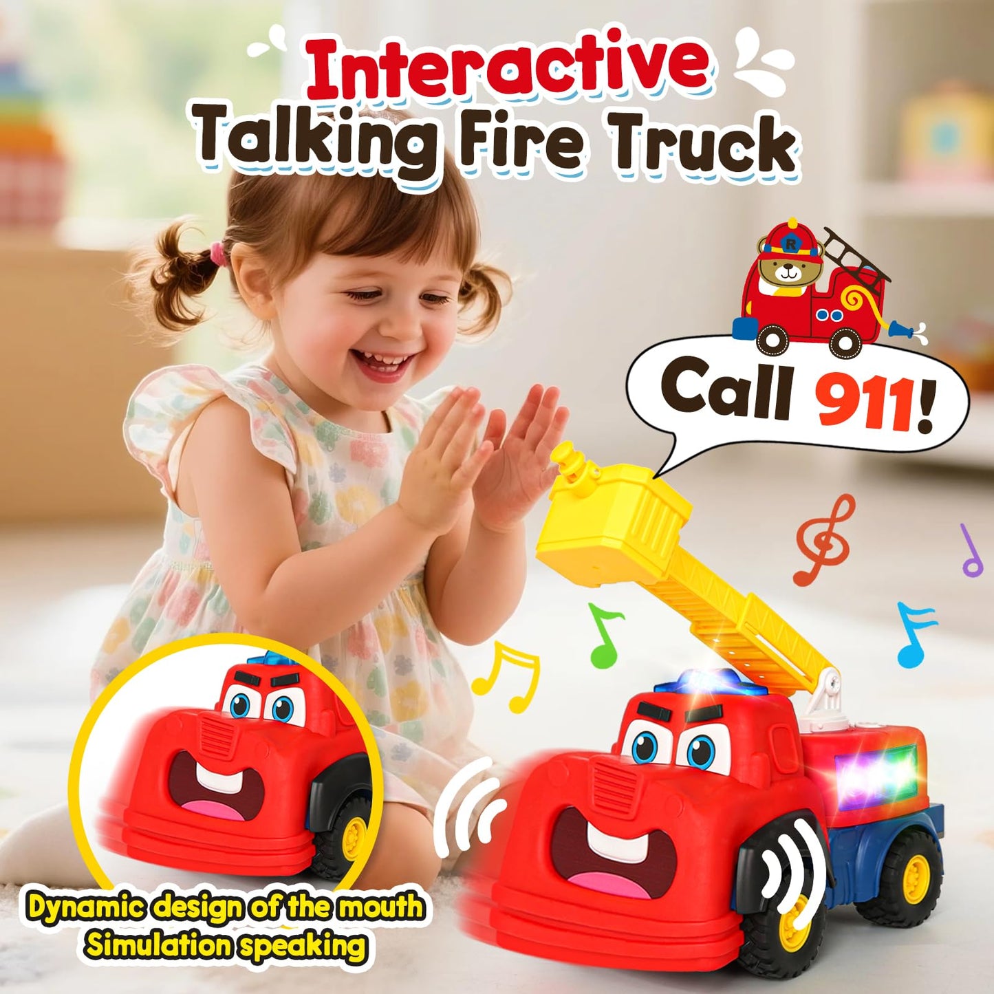 Hieoby Interactive Talking Fire Truck Toy for Toddlers 1-3 — Realistic Sirens, Lights, Songs & Recording
